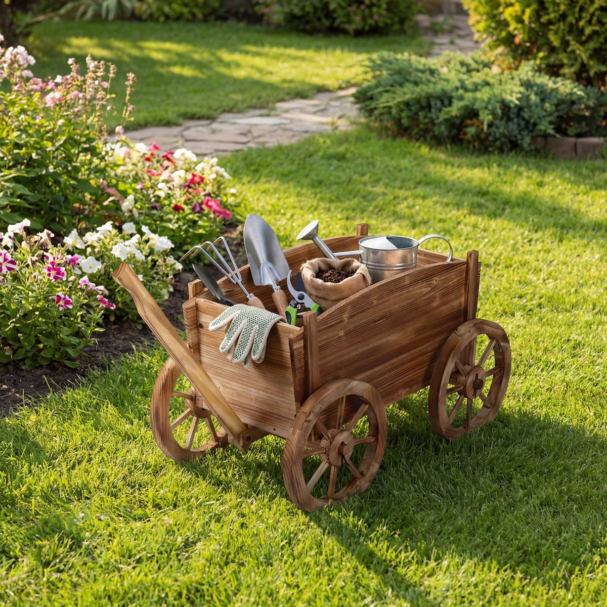 Rustic Rolling Flower Pot Stand with Wheels and Handle-Coffee-Raised Garden Beds-DECOROLALA