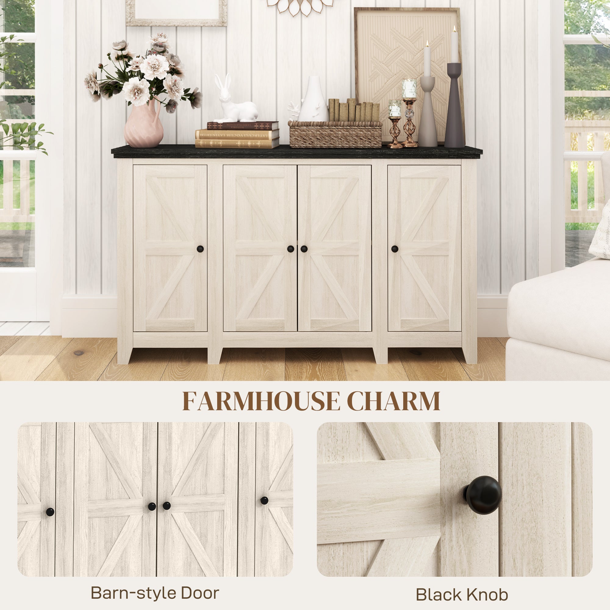 Rustic Sideboard, White Wood Grain Buffet Cabinet with Adjustable Shelves-DECOROLALA
