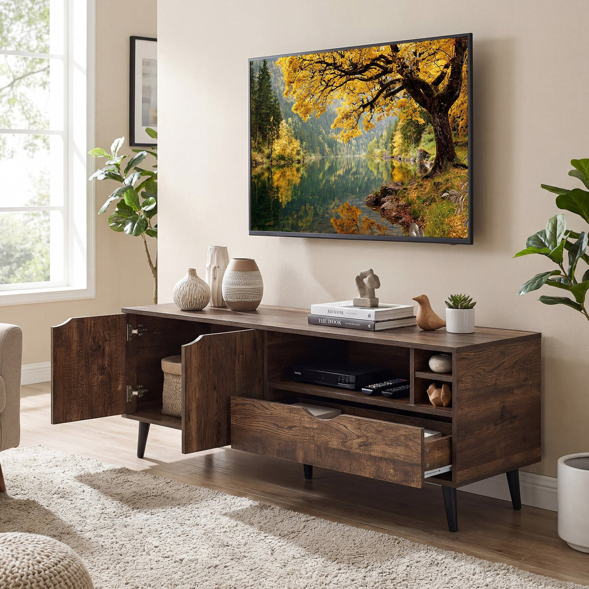 Rustic TV Stand for TVs up to 65" - Brown 59" Media Console Table-Entertainment Centers & TV Stands-DECOROLALA
