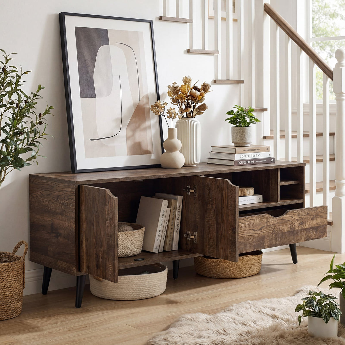 Rustic TV Stand for TVs up to 65" - Brown 59" Media Console Table-Entertainment Centers & TV Stands-DECOROLALA
