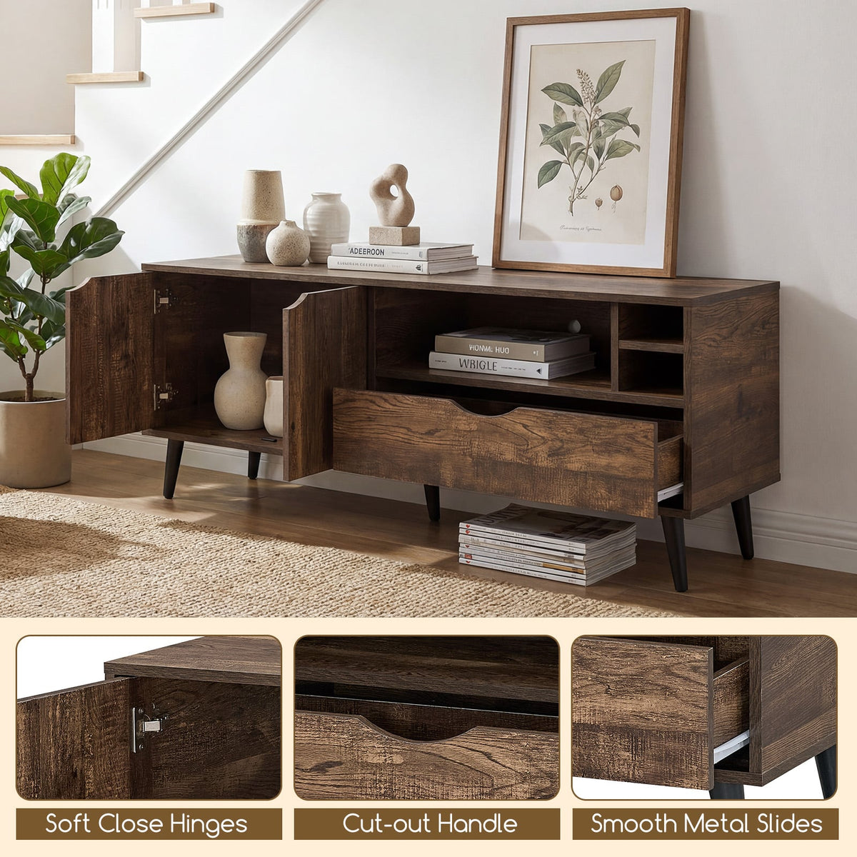 Rustic TV Stand for TVs up to 65" - Brown 59" Media Console Table-Entertainment Centers & TV Stands-DECOROLALA