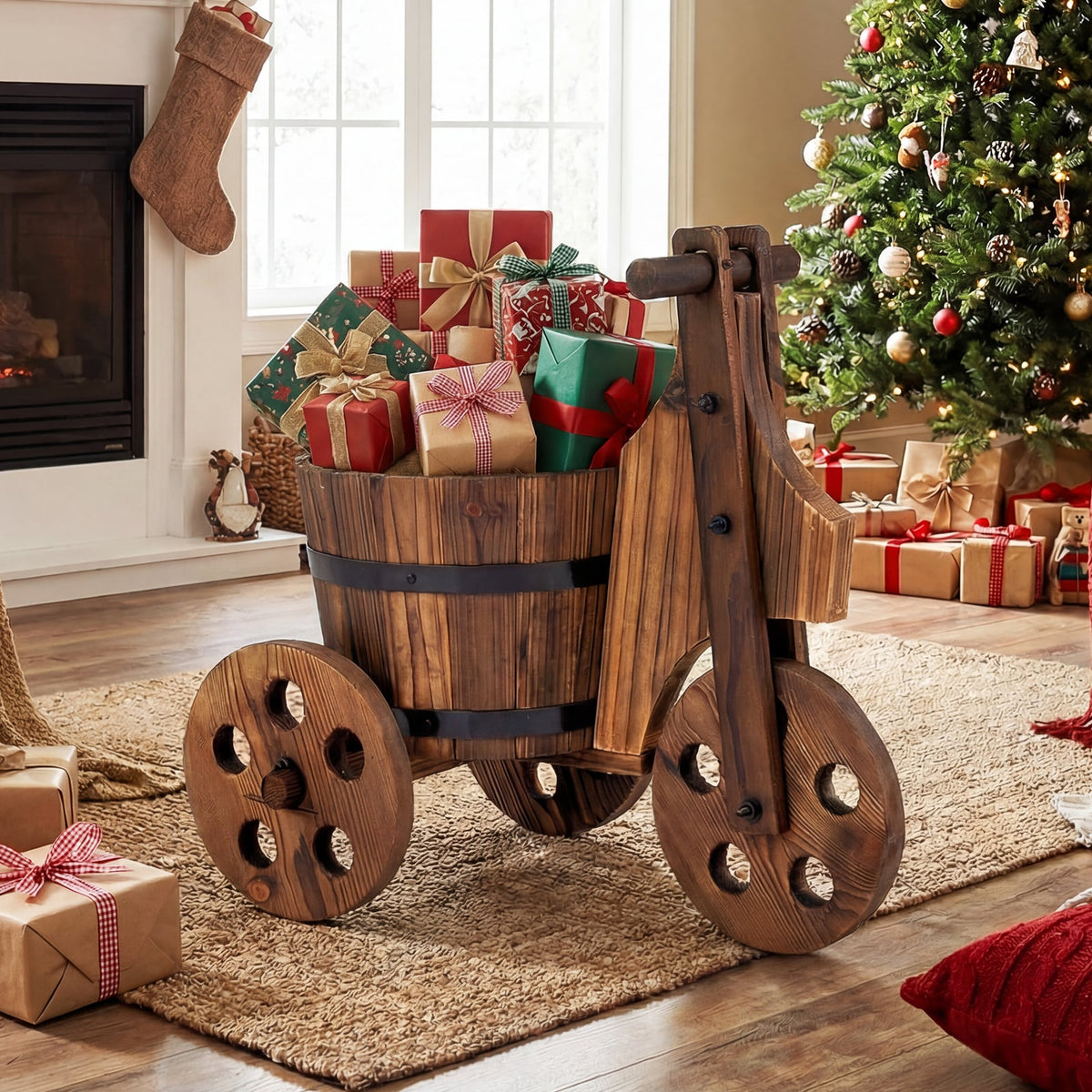 Rustic Wood Tricycle Planter Barrel Flower Pot Cart with Drainage Hole-Coffee-Raised Garden Beds-DECOROLALA