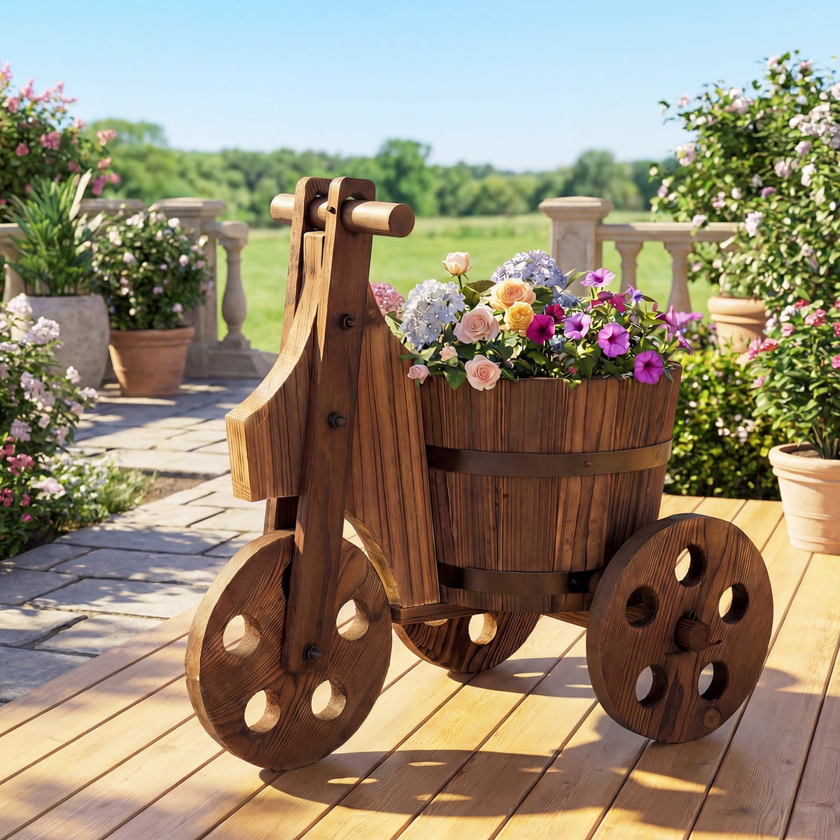 Rustic Wood Tricycle Planter Barrel Flower Pot Cart with Drainage Hole-Coffee-Raised Garden Beds-DECOROLALA