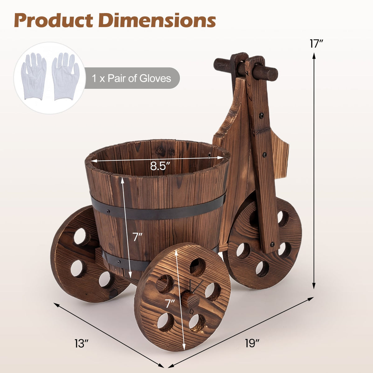Rustic Wood Tricycle Planter Barrel Flower Pot Cart with Drainage Hole-Coffee-Raised Garden Beds-DECOROLALA