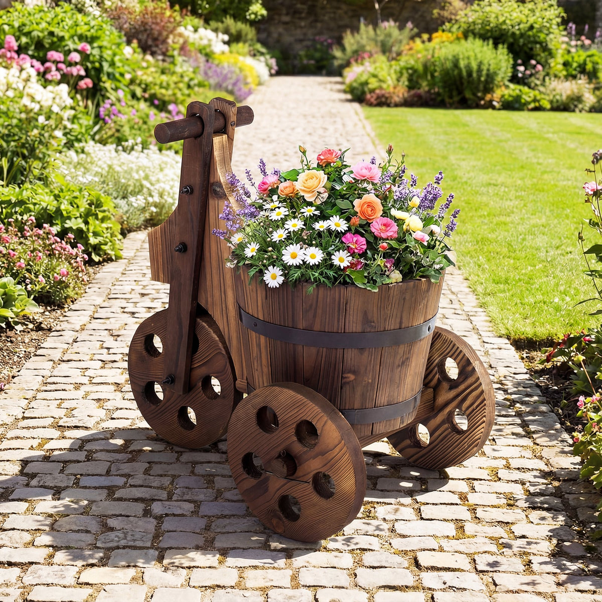 Rustic Wood Tricycle Planter Barrel Flower Pot Cart with Drainage Hole-Coffee-Raised Garden Beds-DECOROLALA