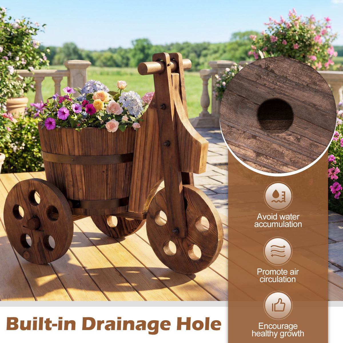 Rustic Wood Tricycle Planter Barrel Flower Pot Cart with Drainage Hole-Coffee-Raised Garden Beds-DECOROLALA