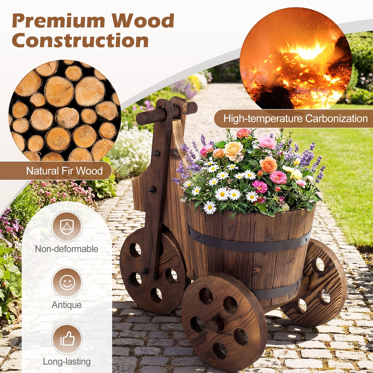 Rustic Wood Tricycle Planter Barrel Flower Pot Cart with Drainage Hole-Coffee-Raised Garden Beds-DECOROLALA