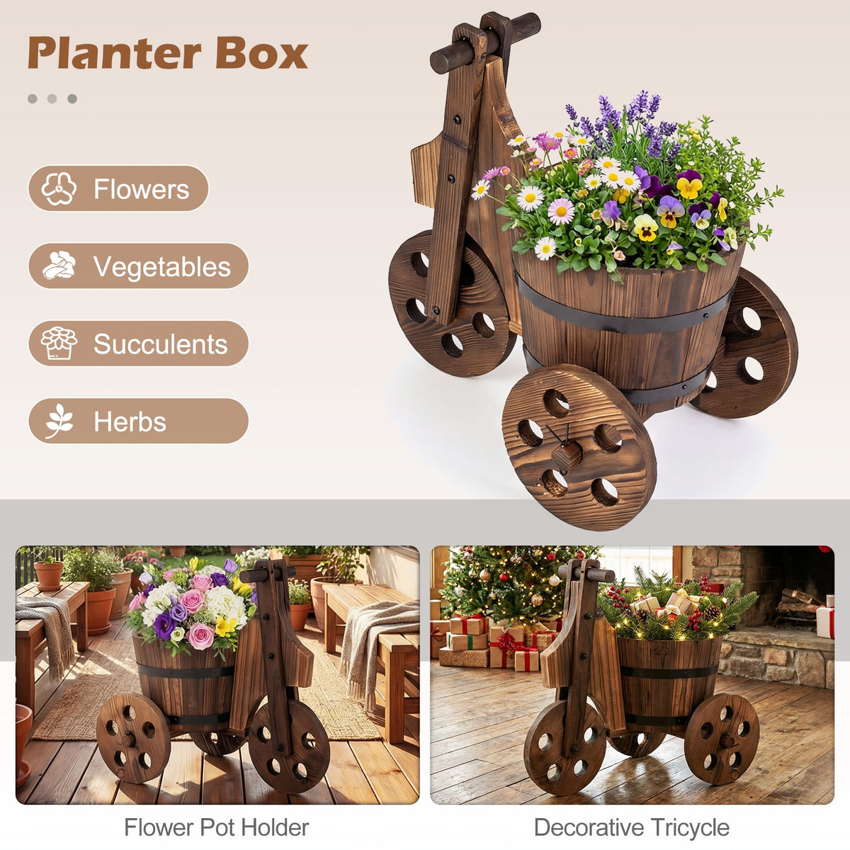 Rustic Wood Tricycle Planter Barrel Flower Pot Cart with Drainage Hole-Coffee-Raised Garden Beds-DECOROLALA