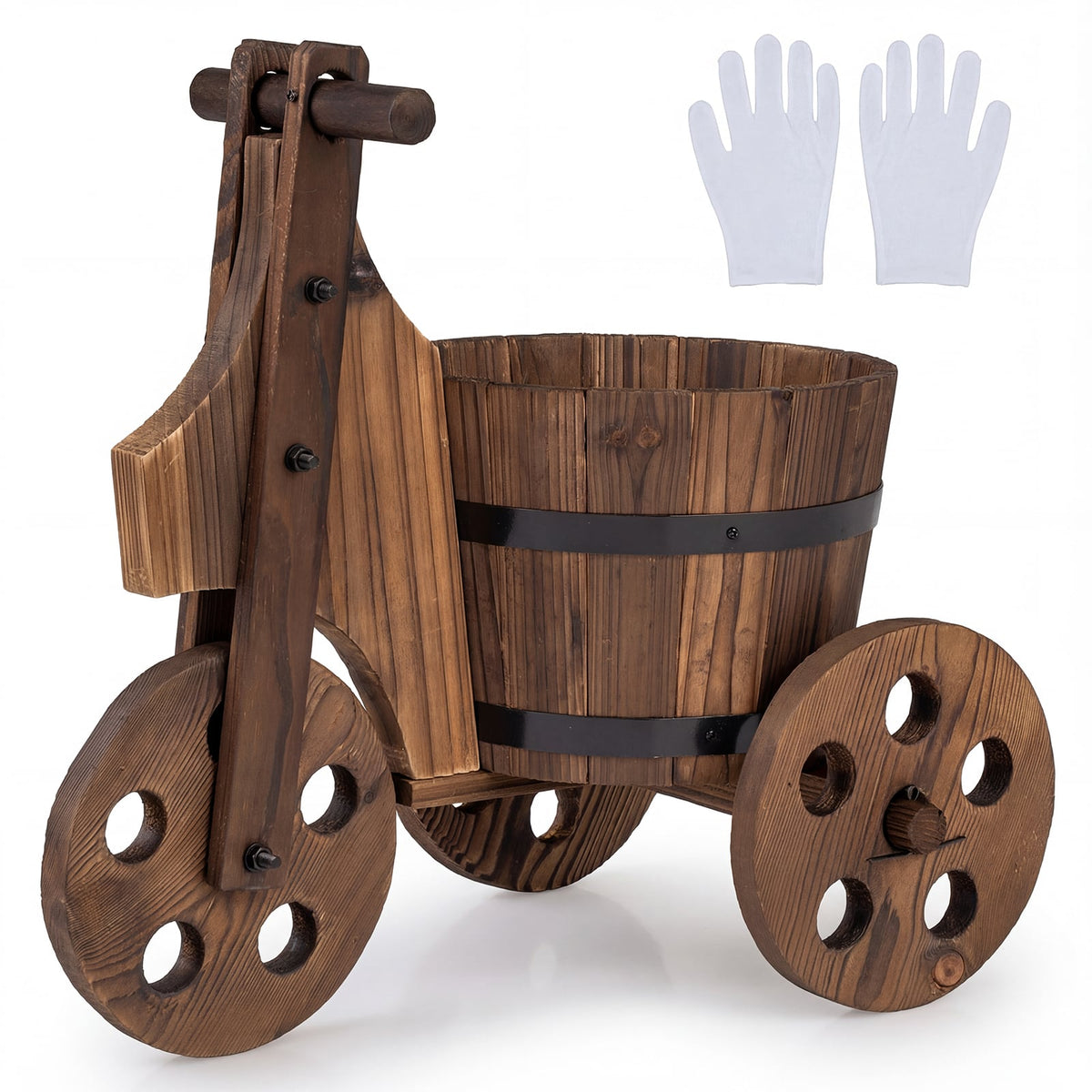 Rustic Wood Tricycle Planter Barrel Flower Pot Cart with Drainage Hole-Coffee-Raised Garden Beds-DECOROLALA