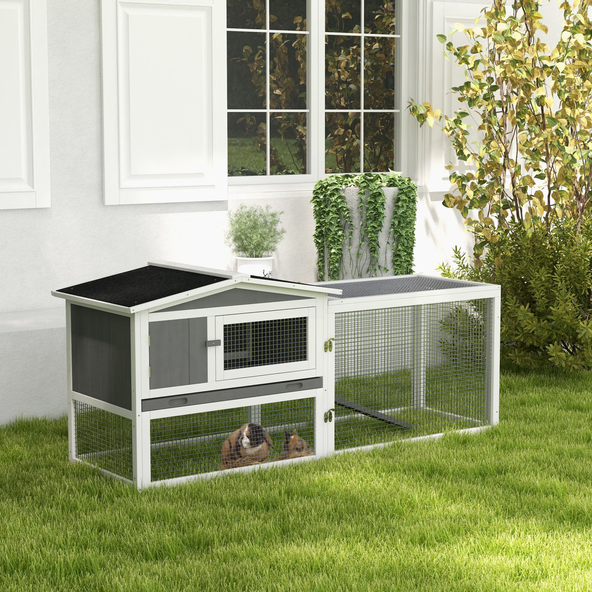 Clapier en bois pour lapins et maison pour cochons d’Inde avec bac amovible, toit ouvrant, mangeoire et enclos pour tortues et furets, gris