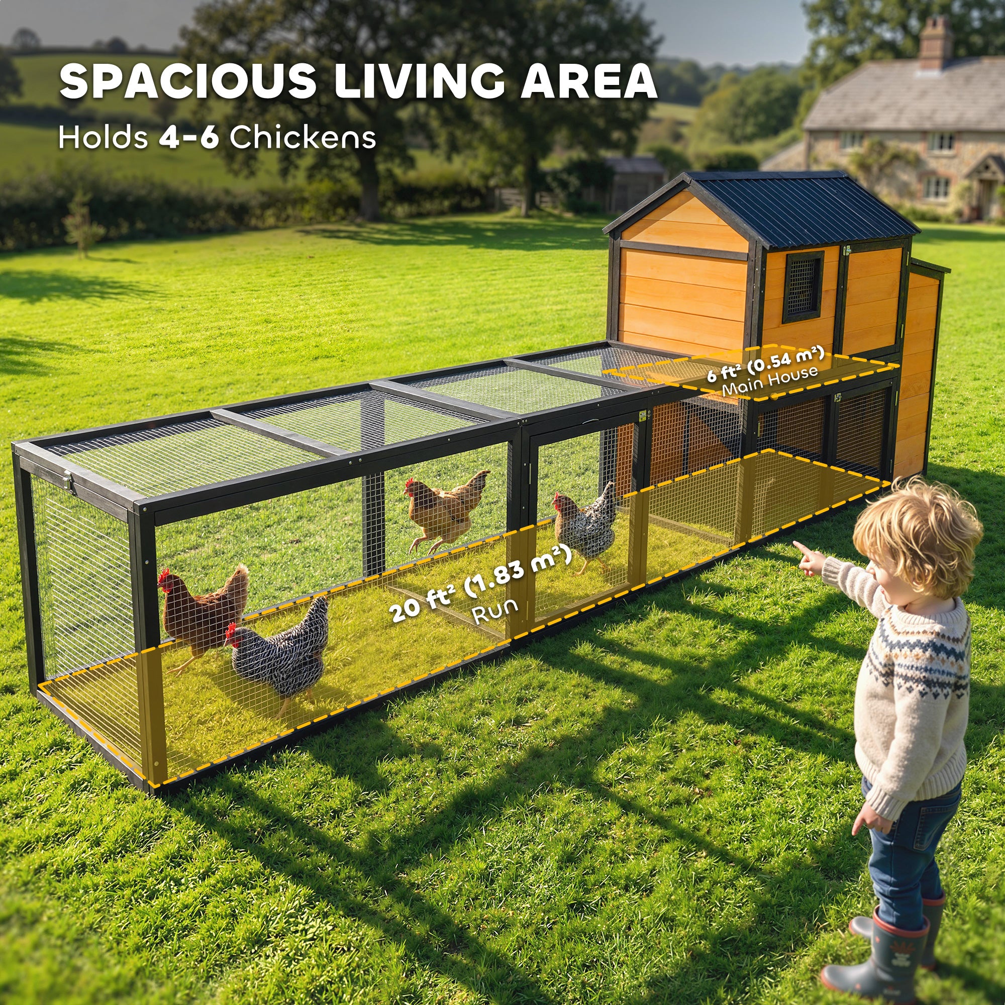Large Chicken Coop, 134"L Wooden Chicken House with Run, Nesting Box, Slide-Out Tray, Waterproof Roof and Ramp