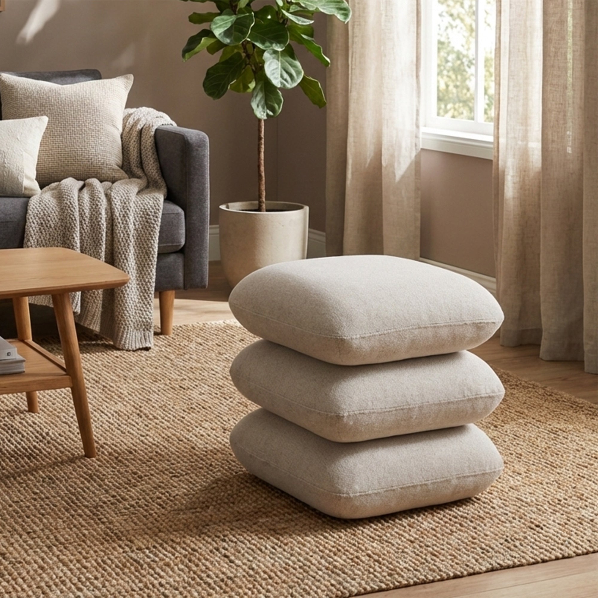 Rylee Square Swivel Ottoman - Beige Stacked Cushion Design-DECOROLALA