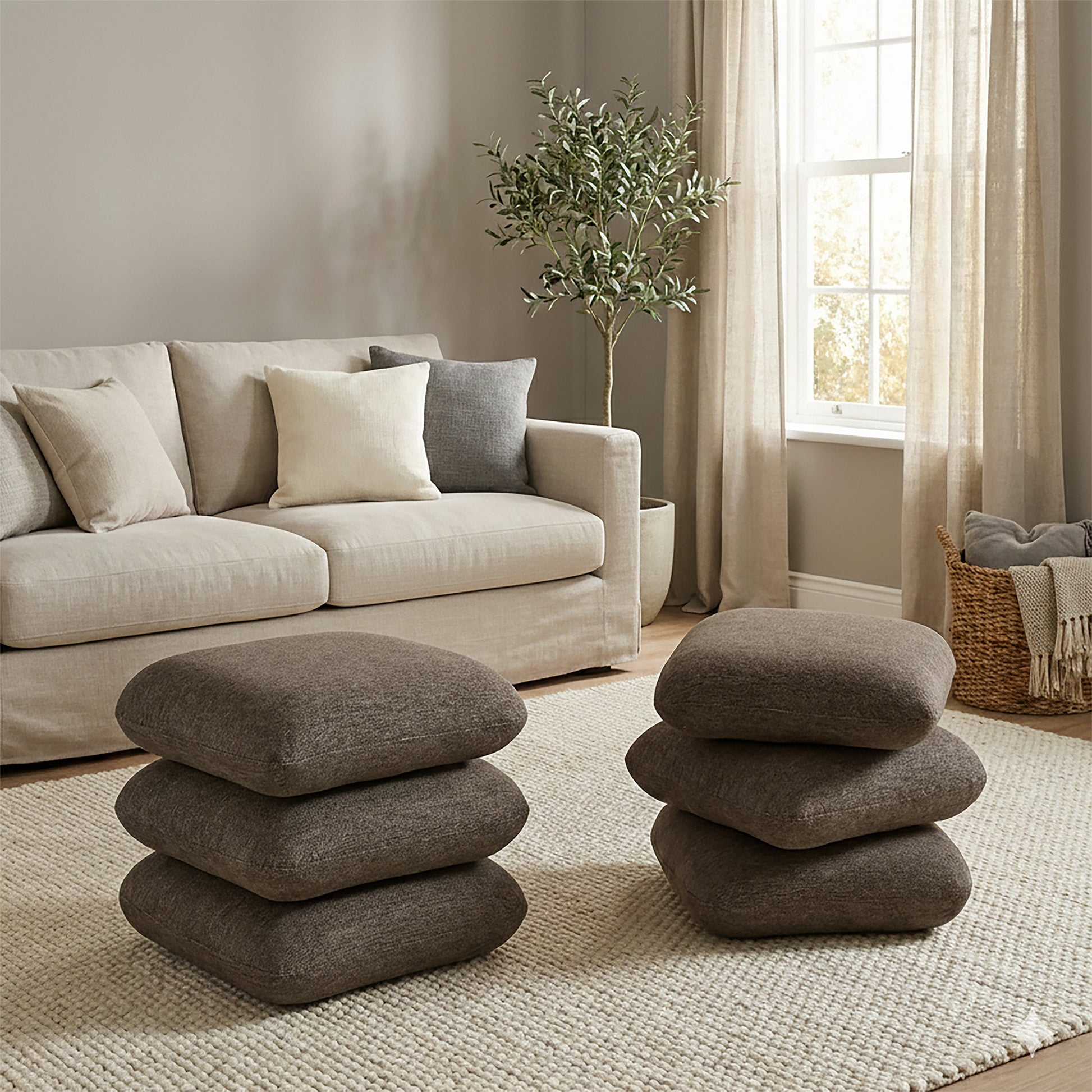 Rylee Square Swivel Ottoman - Brown Stacked Cushion Design-DECOROLALA