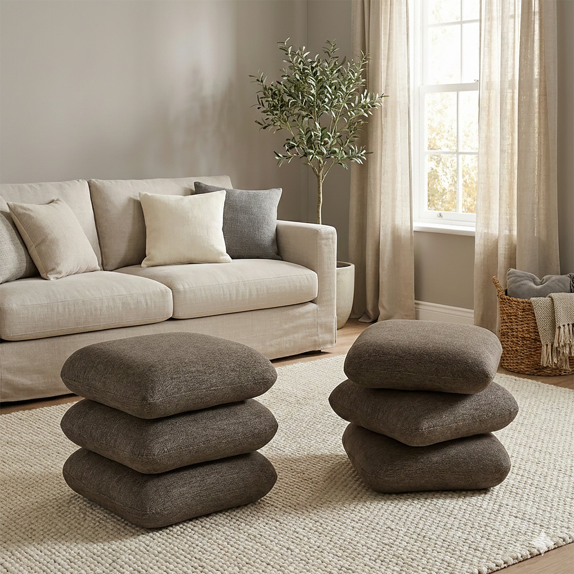 Rylee Square Swivel Ottoman - Brown Stacked Cushion Design-DECOROLALA