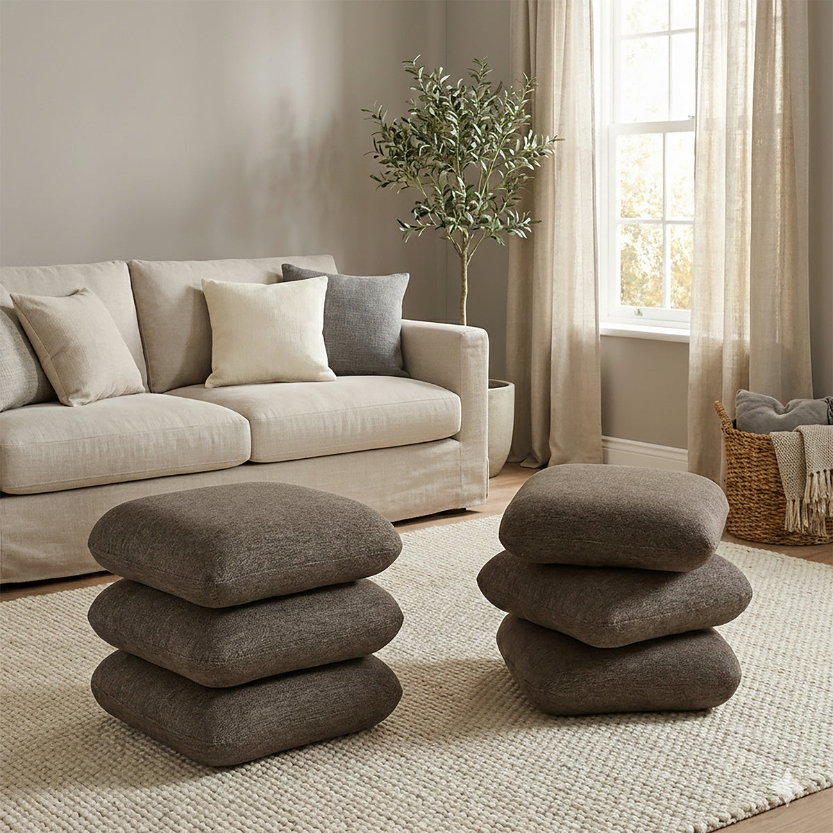 Rylee Square Swivel Ottoman - Brown Stacked Cushion Design-Ottomans-DECOROLALA