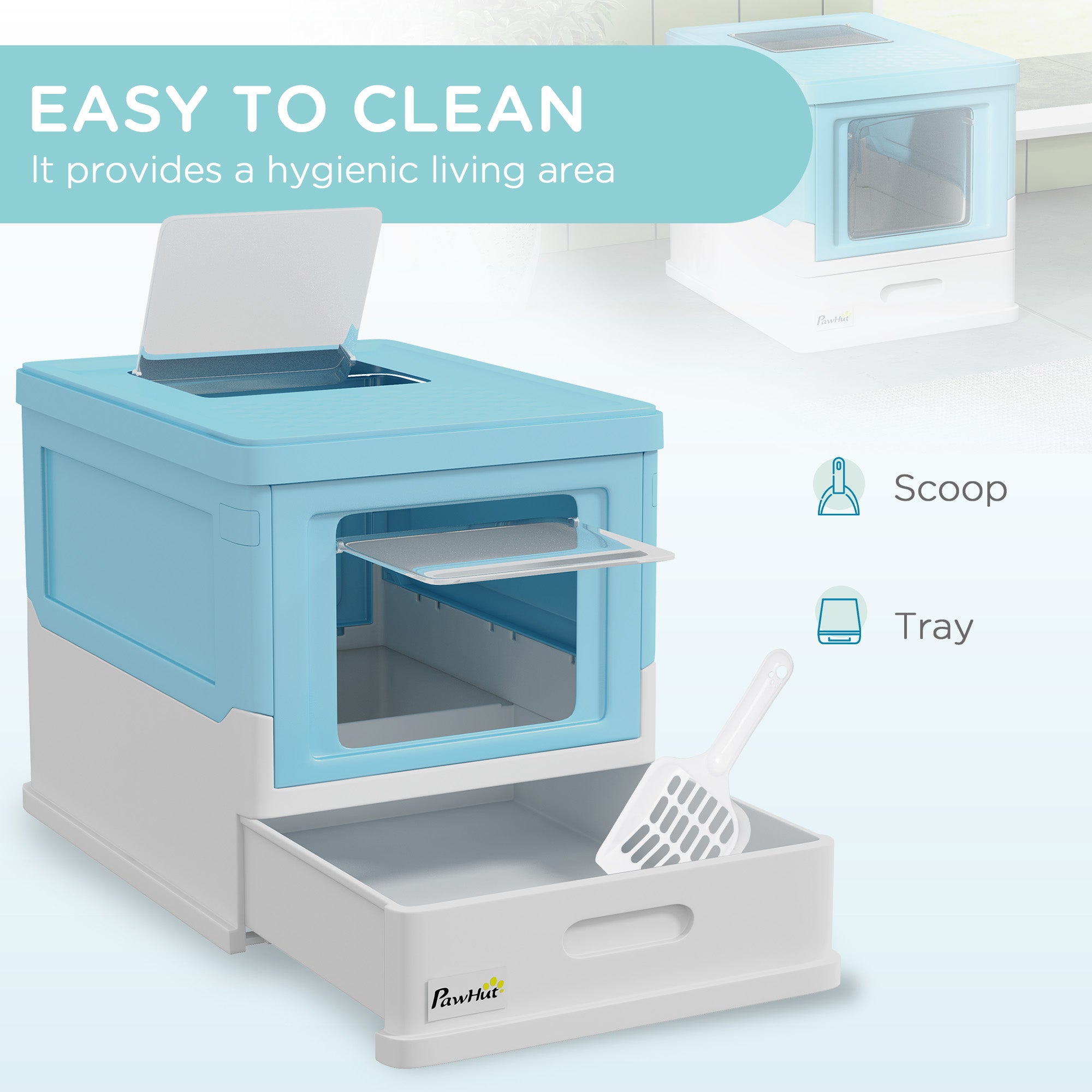 Top Entry Enclosed Kitty Litter Box with Scoop, Tray, Front Entry, Large Space, Foldable, Portable, Blue