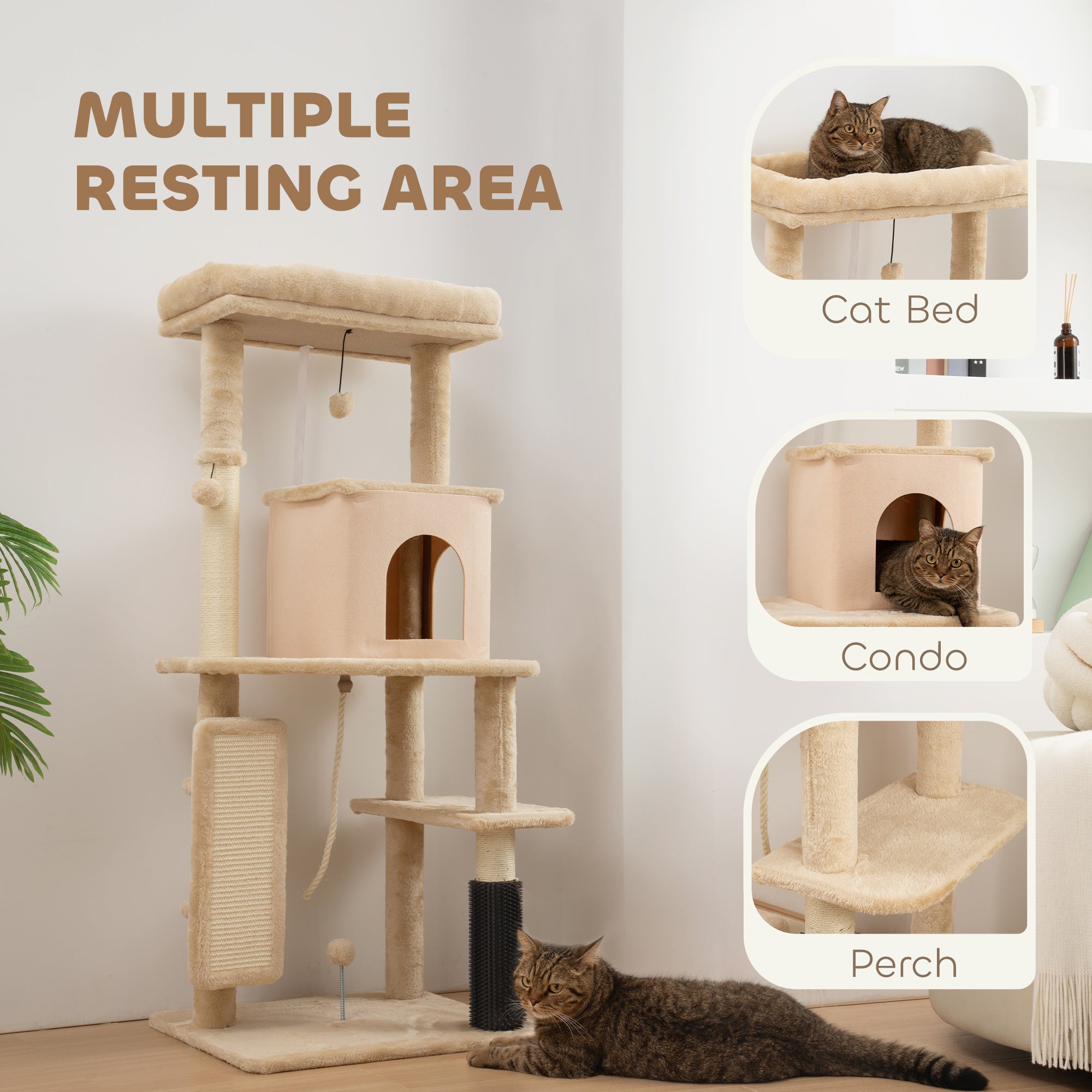 52 Inch Cat Tree with Scratching Posts, Cat Bed, Condo, Grooming Brush, Jumping Platforms, Toy Balls, Anti-tip Kit