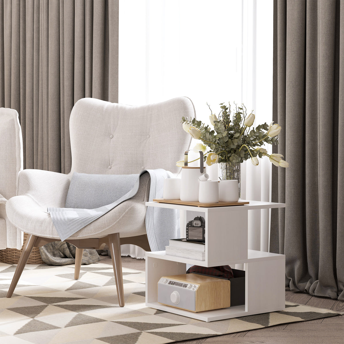 S-Shape Side Table - White 2-Tier Slim Nightstand-Home Furnishings > Living Room Furniture > Side¬†Tables-DECOROLALA