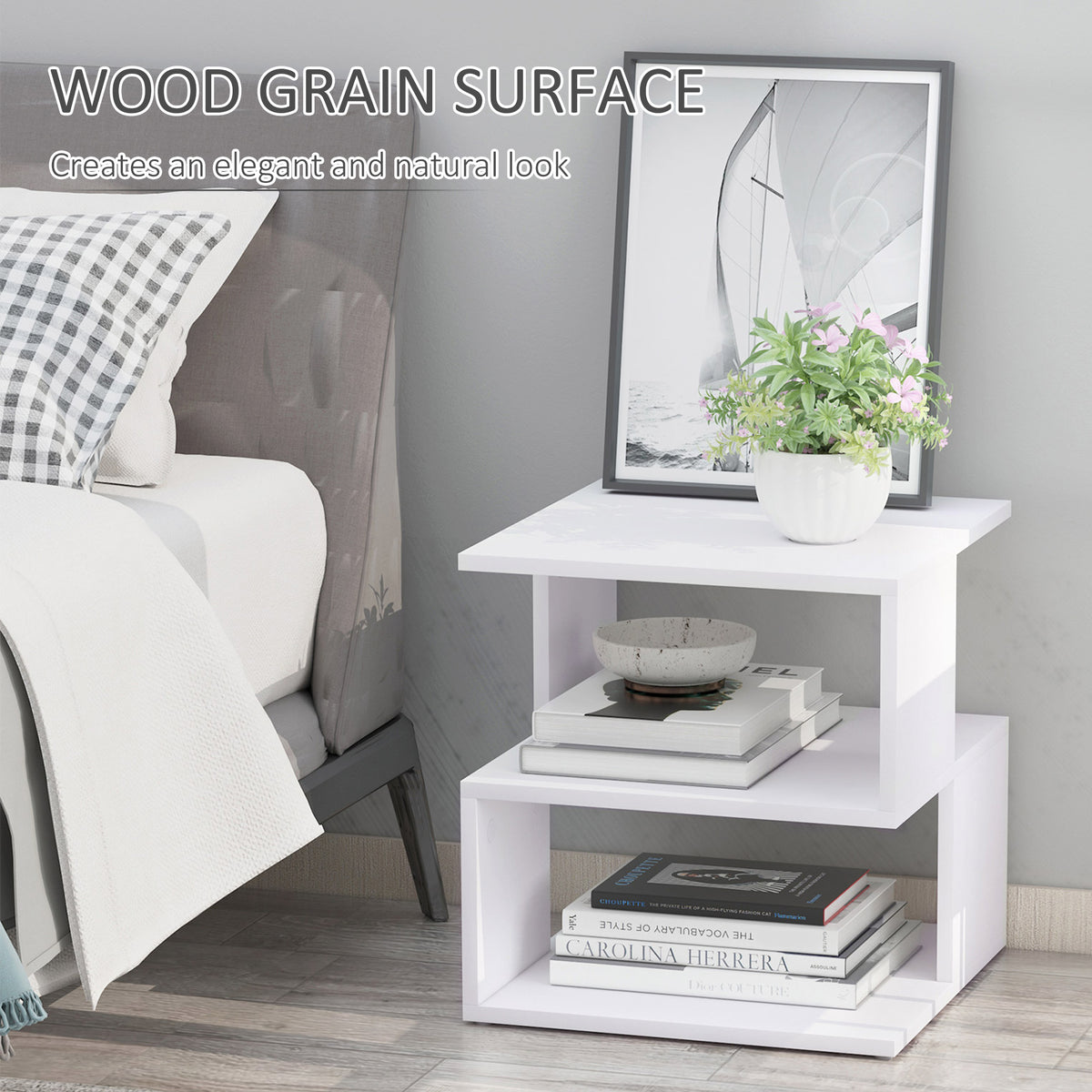 S-Shape Side Table - White 2-Tier Slim Nightstand-Home Furnishings > Living Room Furniture > Side¬†Tables-DECOROLALA