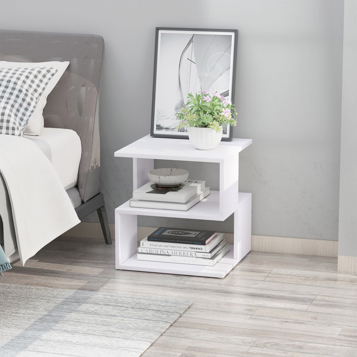 S-Shape Side Table - White 2-Tier Slim Nightstand-Home Furnishings > Living Room Furniture > Side¬†Tables-DECOROLALA