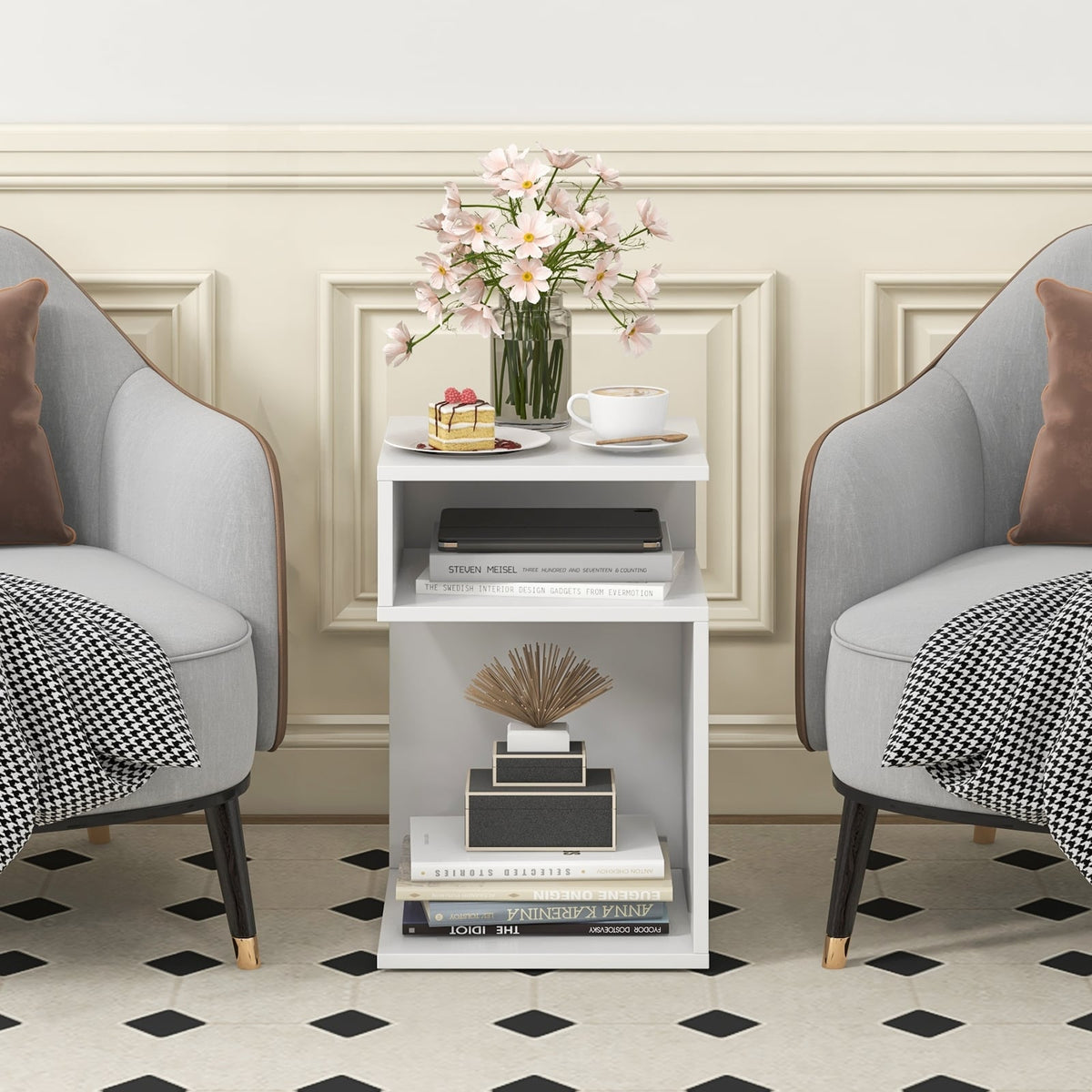 S-Shaped Side Table with Unique S-shaped Frame and 2 Open Compartments-White-End & Side Tables-DECOROLALA