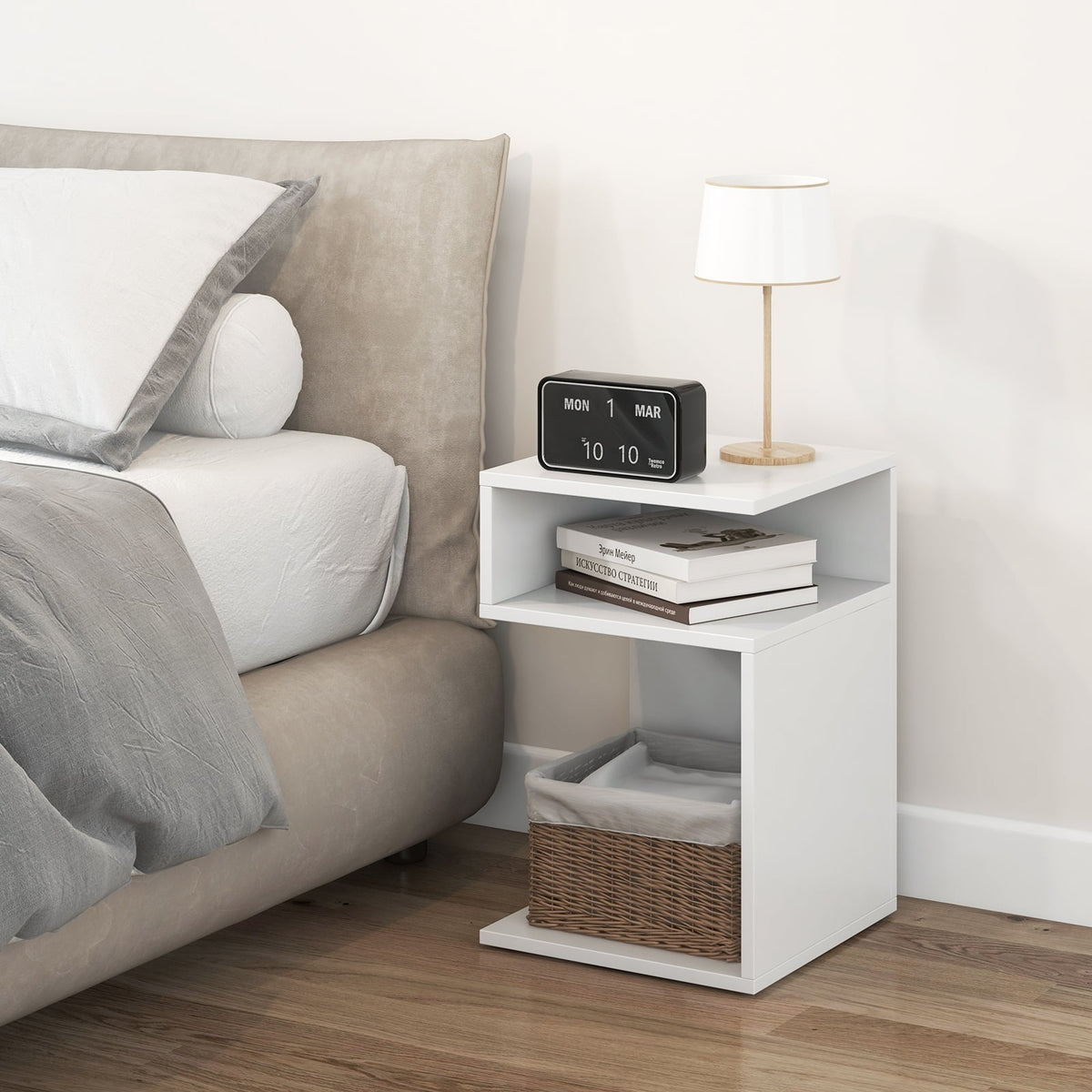 S-Shaped Side Table with Unique S-shaped Frame and 2 Open Compartments-White-End & Side Tables-DECOROLALA