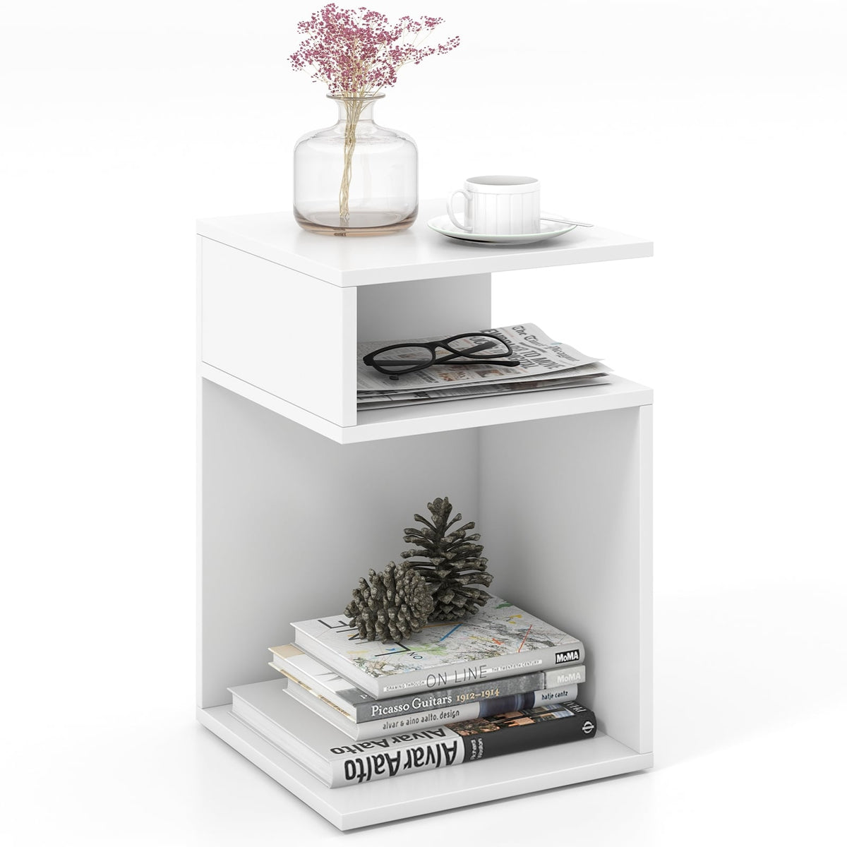 S-Shaped Side Table with Unique S-shaped Frame and 2 Open Compartments-White-End & Side Tables-DECOROLALA