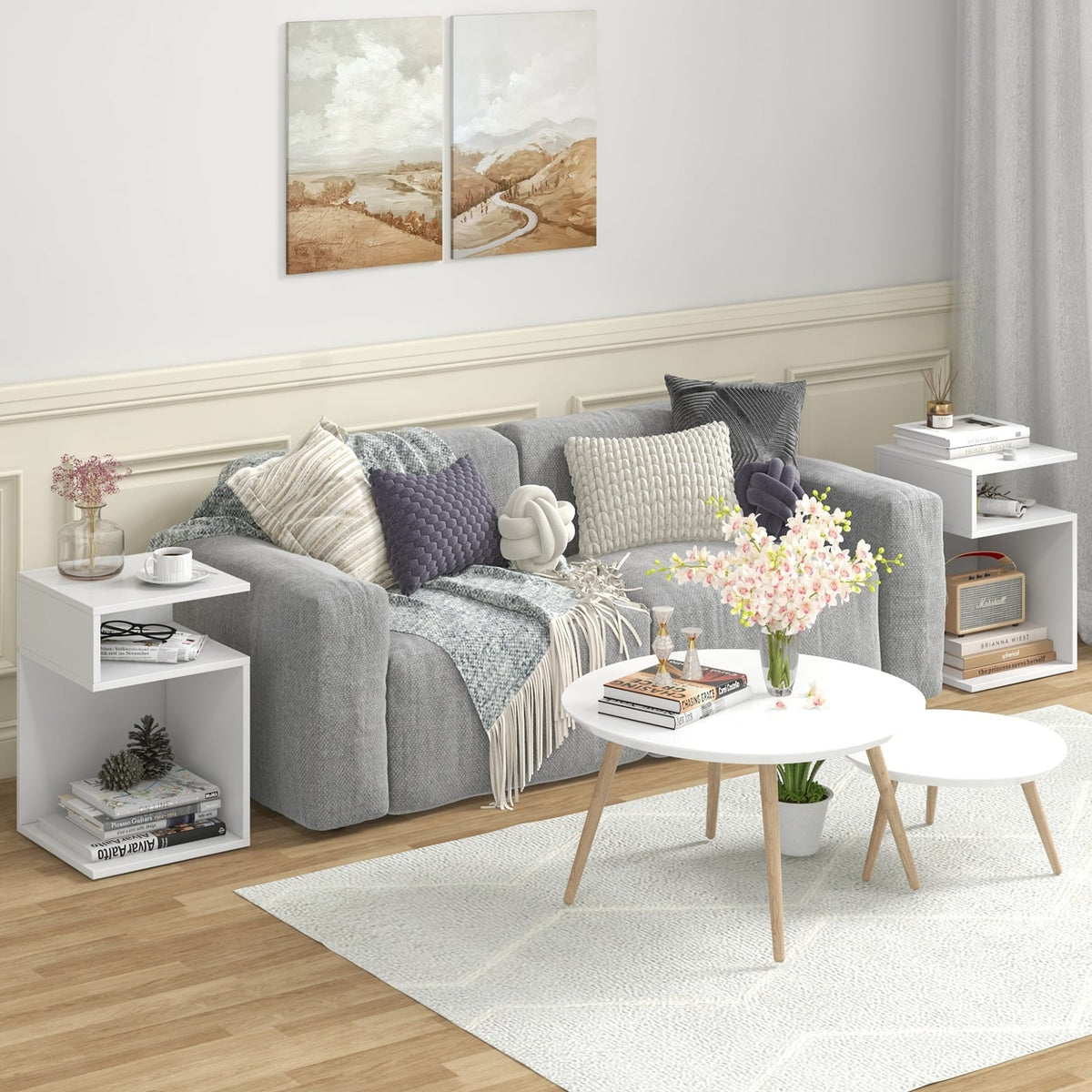 S-Shaped Side Table with Unique S-shaped Frame and 2 Open Compartments-White-End & Side Tables-DECOROLALA
