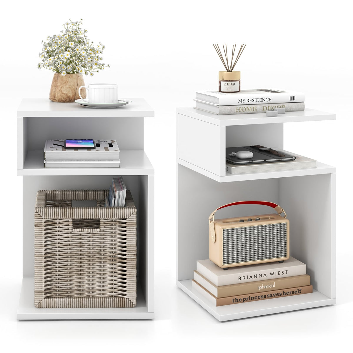 S-Shaped Side Table with Unique S-shaped Frame and 2 Open Compartments-White-End & Side Tables-DECOROLALA