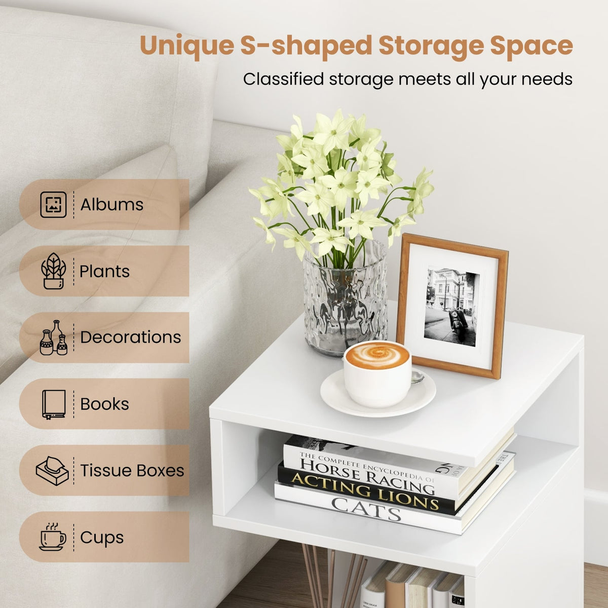 S-Shaped Side Table with Unique S-shaped Frame and 2 Open Compartments-White-End & Side Tables-DECOROLALA