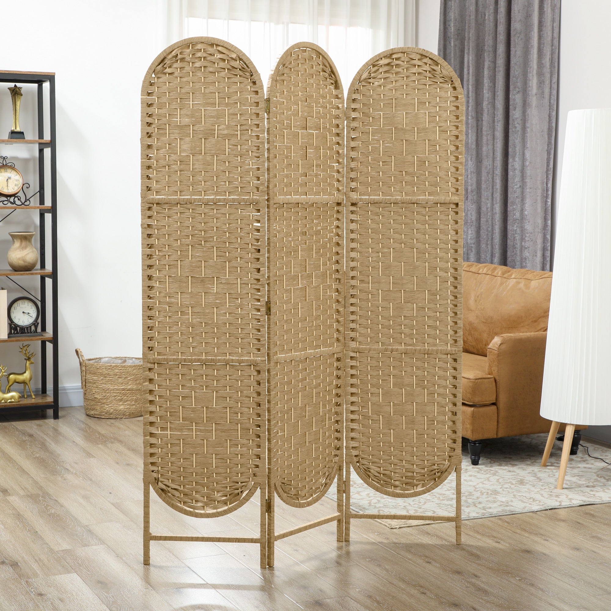 Paravent bohème, séparateur de pièce pliable à 3 panneaux avec partie supérieure arquée pour chambre, salon ou bureau, en bois naturel