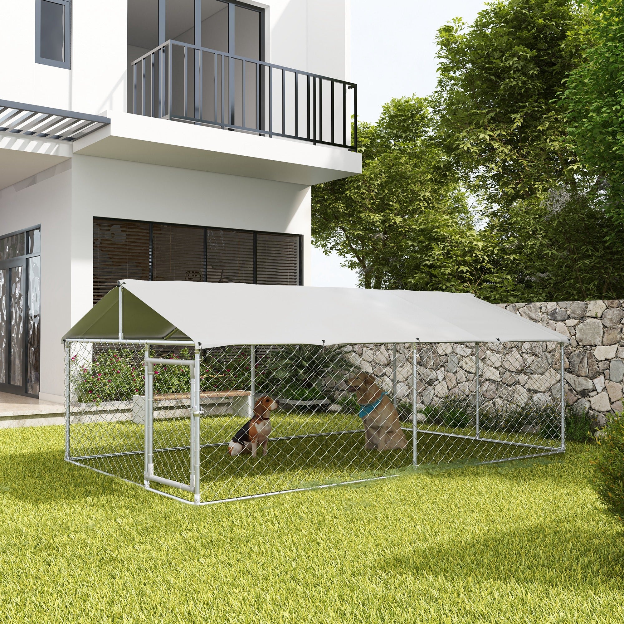 Parc pour chien extérieur de 13.1' x 7.5' x 4.9' avec couverture imperméable et résistante aux UV, pour chiens de taille moyenne à grande, argenté