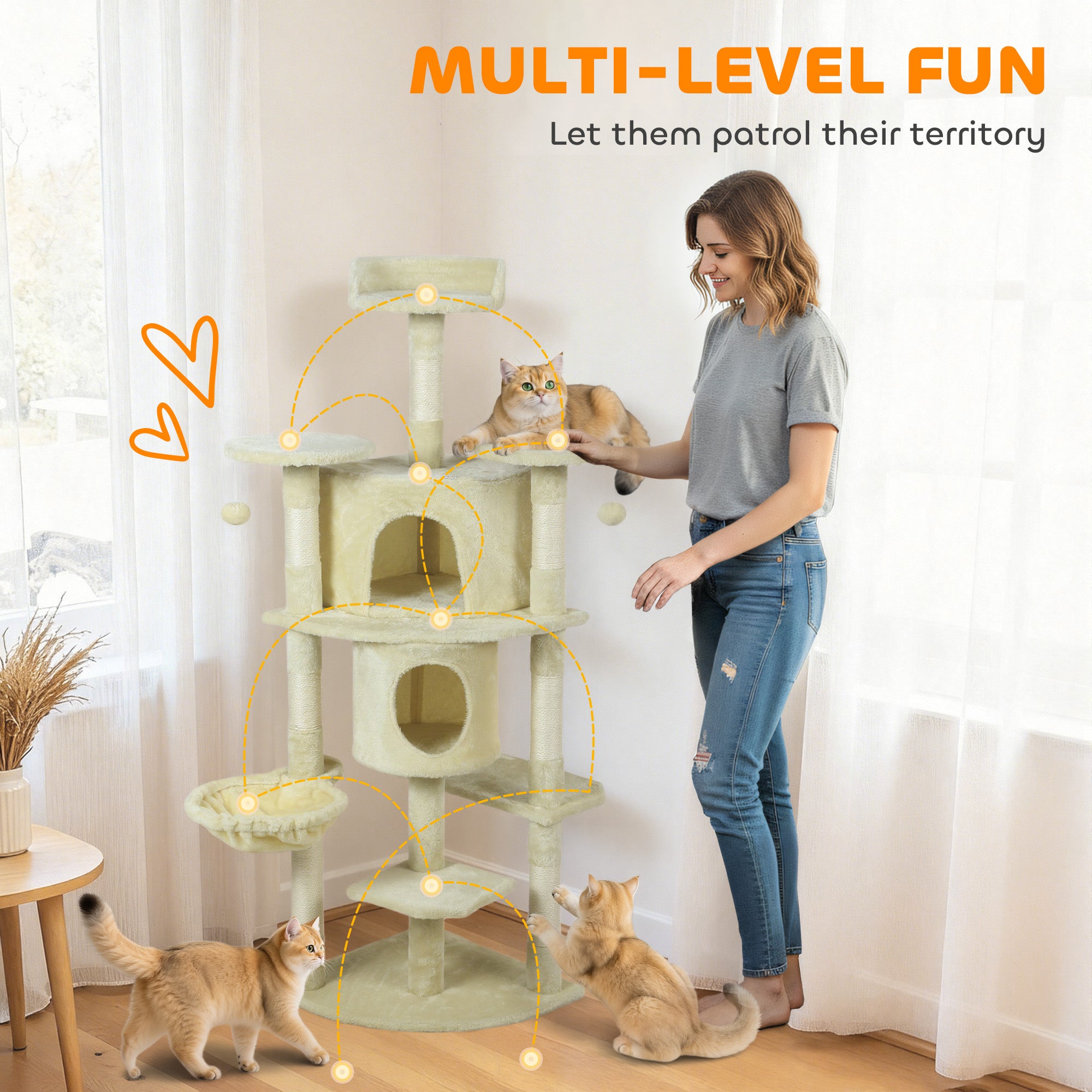 62" Cat Tree with Scratching Post, 2 Condos, Hammock, Perches, Plush, Pompoms, for Indoor Cats, Beige