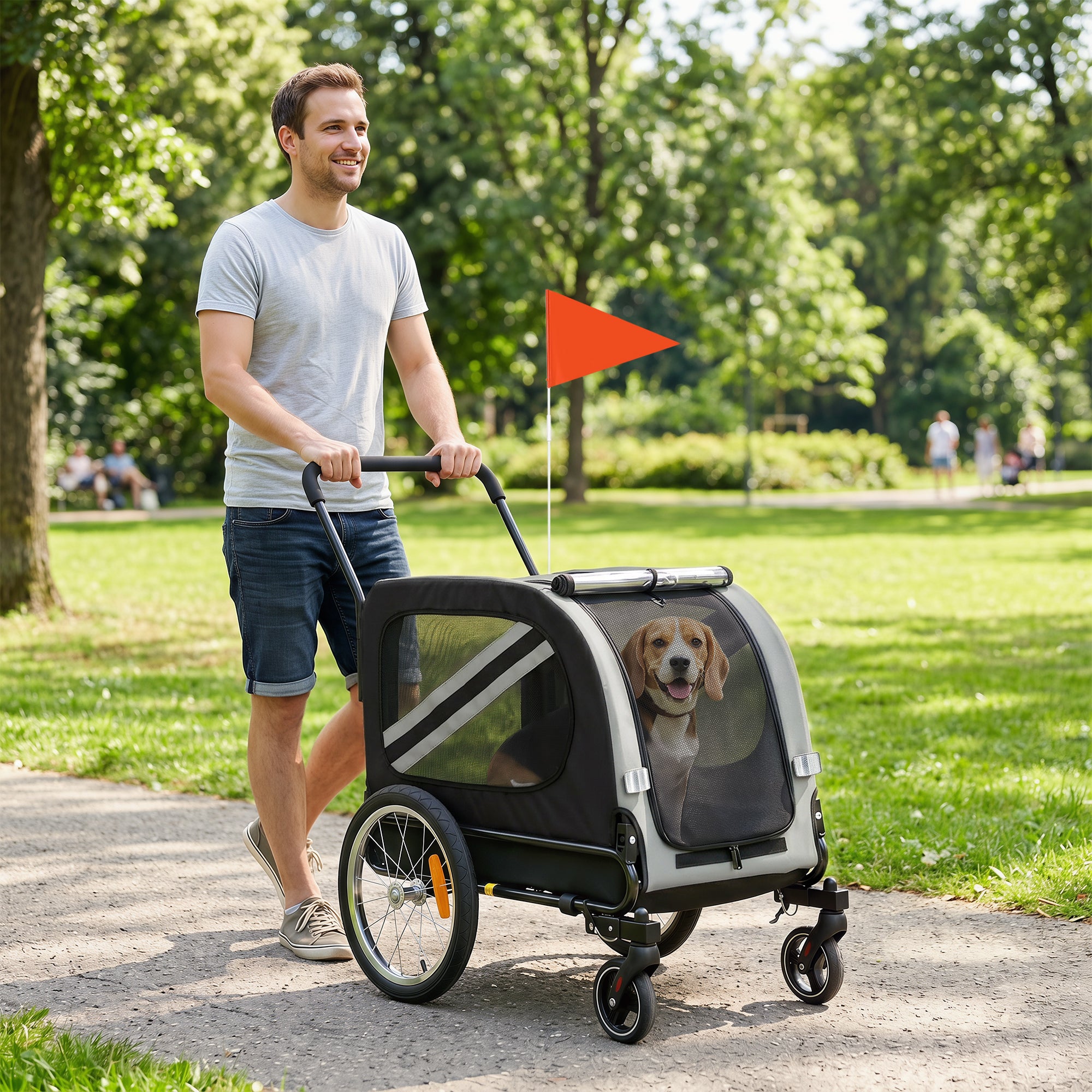 Dog Bike Trailer, 2-in-1 Dog Stroller with Universal Wheel Reflectors Flag, Grey
