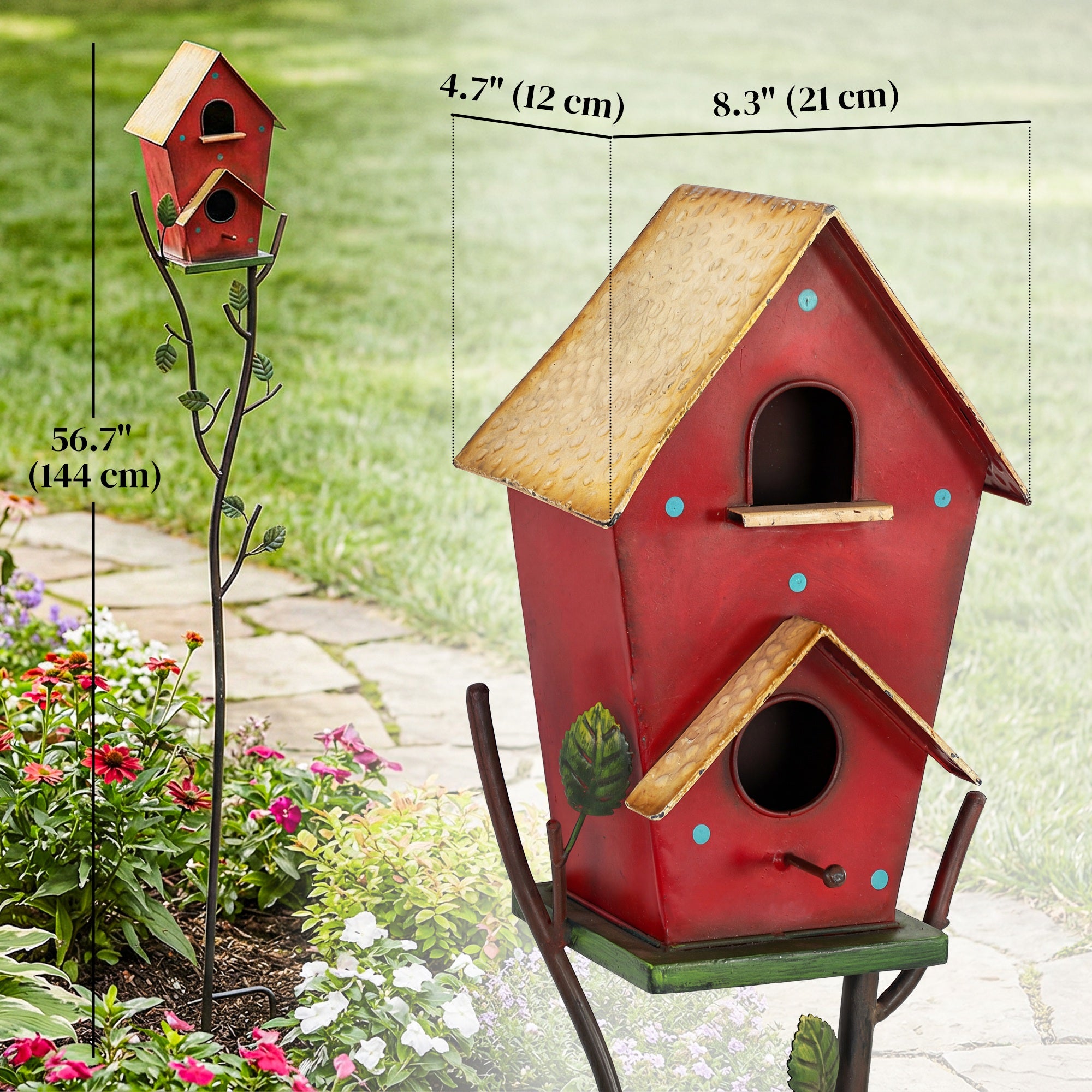 57" Outdoor Bird House with Pole, Metal Bird Houses for Outside, Double-Hole Birdhouse Outdoor Decoration, Red