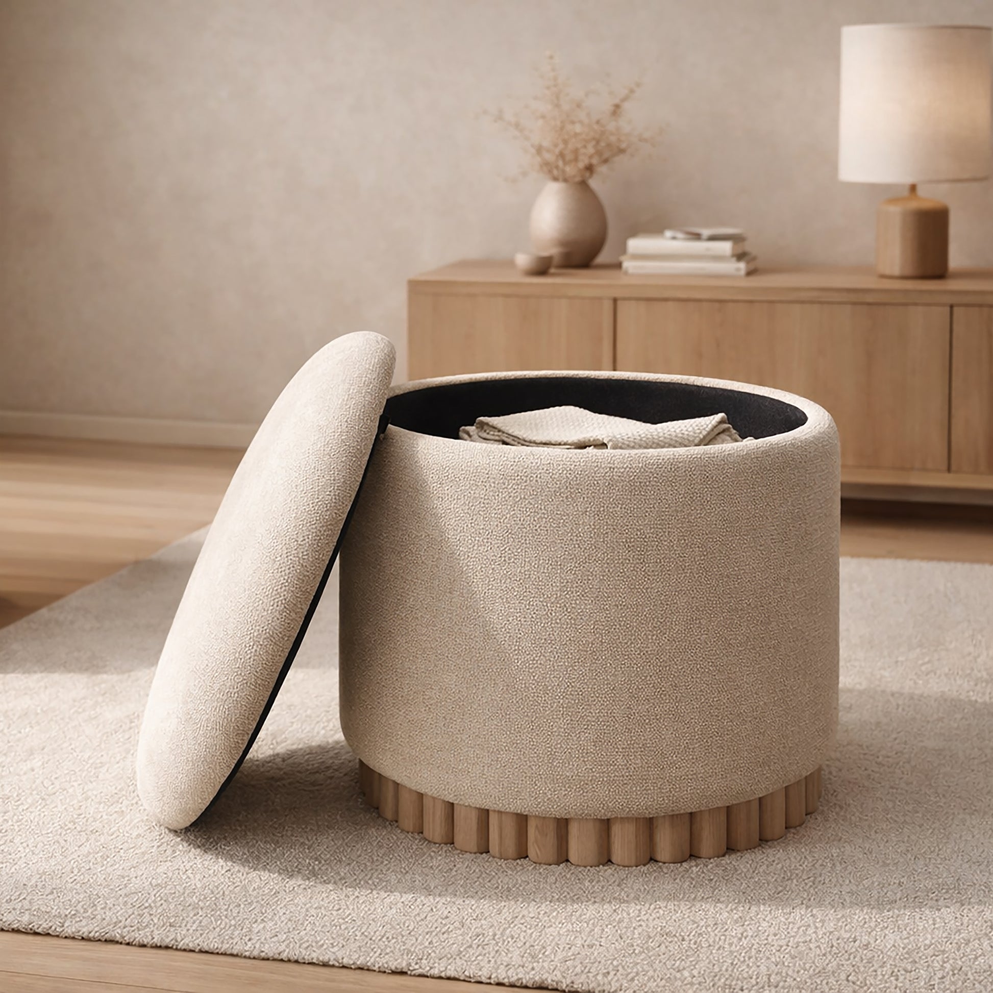 SADIE-ROUND STORAGE OTTOMAN-OAT-DECOROLALA