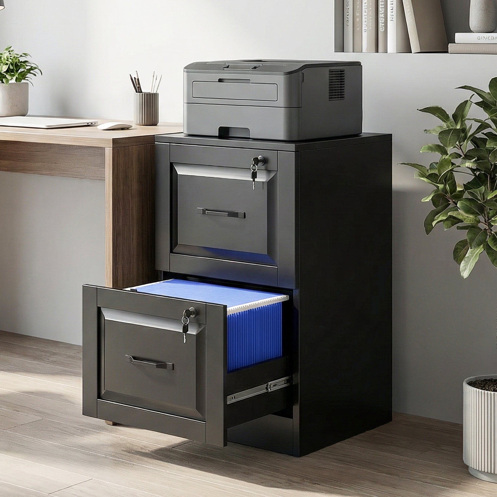 2 Drawer File Cabinet with Lock, Vertical Filing Cabinet with Adjustable Hanging Bars for A4 and Letter Size, Black-Office Products > Office Furniture > Office Cabinets & Cupboards-DECOROLALA
