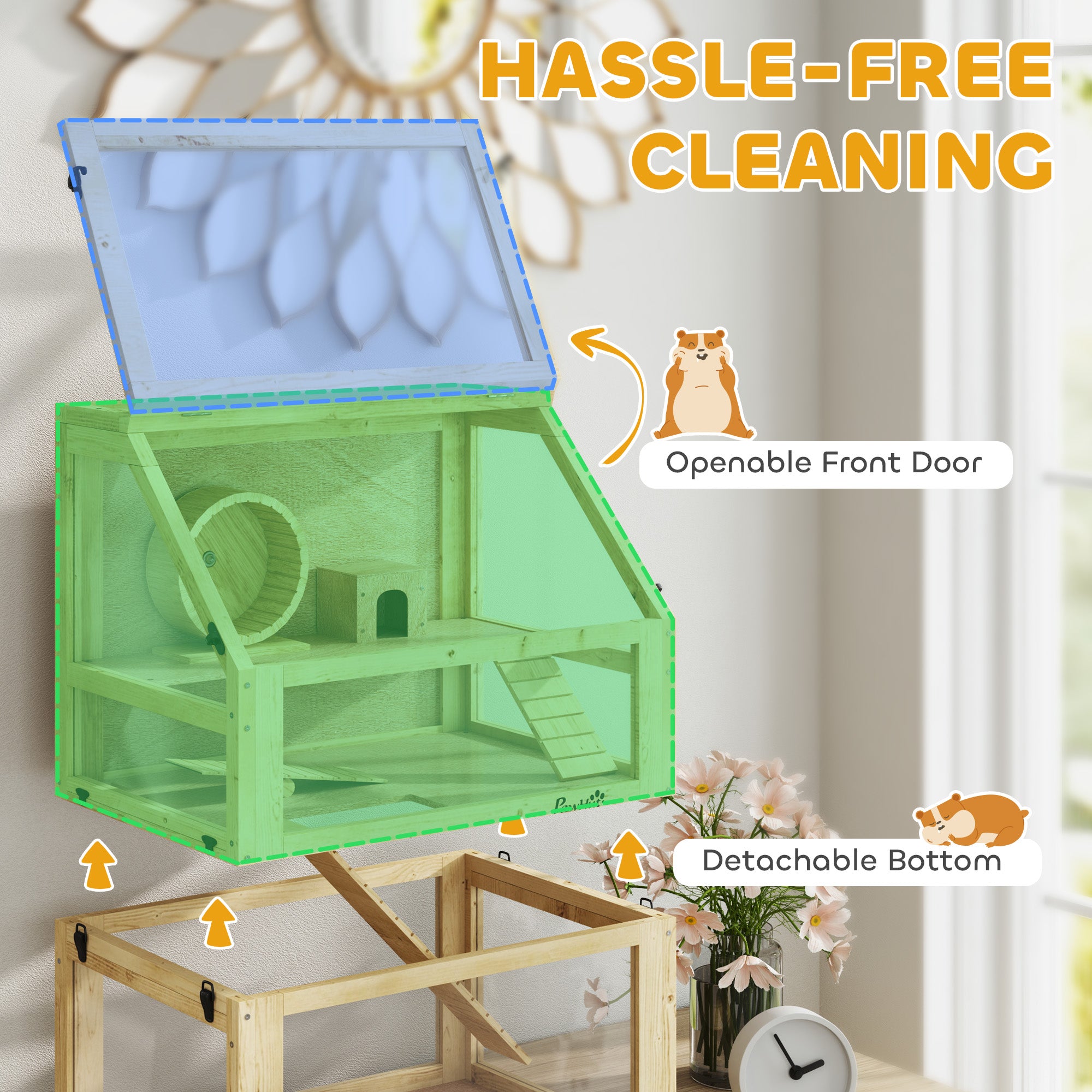 Wooden Hamster Cage, 3 Tier Gerbil Cage with Deep Bottom, Hut, Seesaw, Exercise Wheel, Ramps, 24" x 16" x 29.5"
