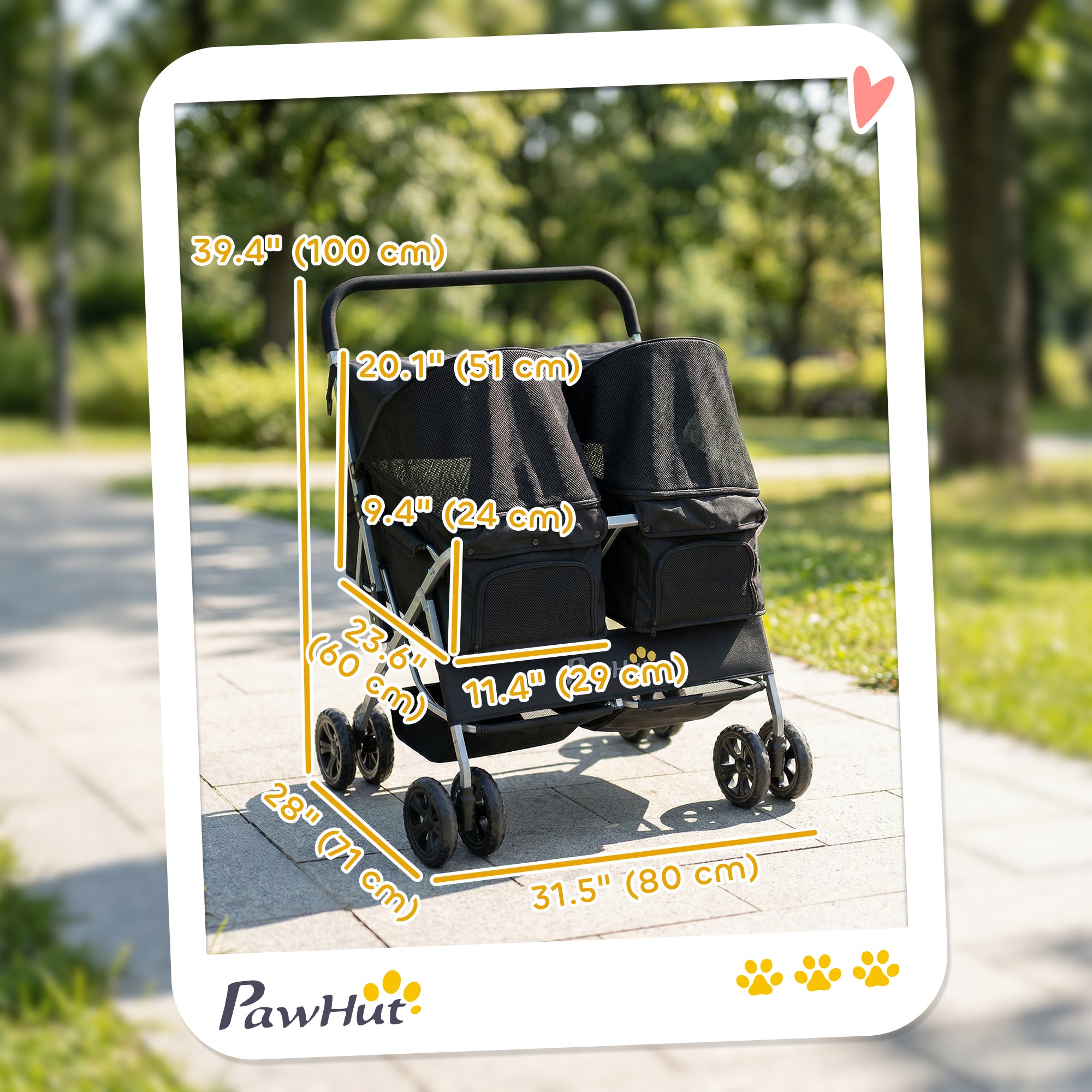 Poussette double pour animaux, poussette pliable pour chiens avec compartiment à 2 places, pare-soleil, coussin amovible, ceinture de sécurité et panier de rangement