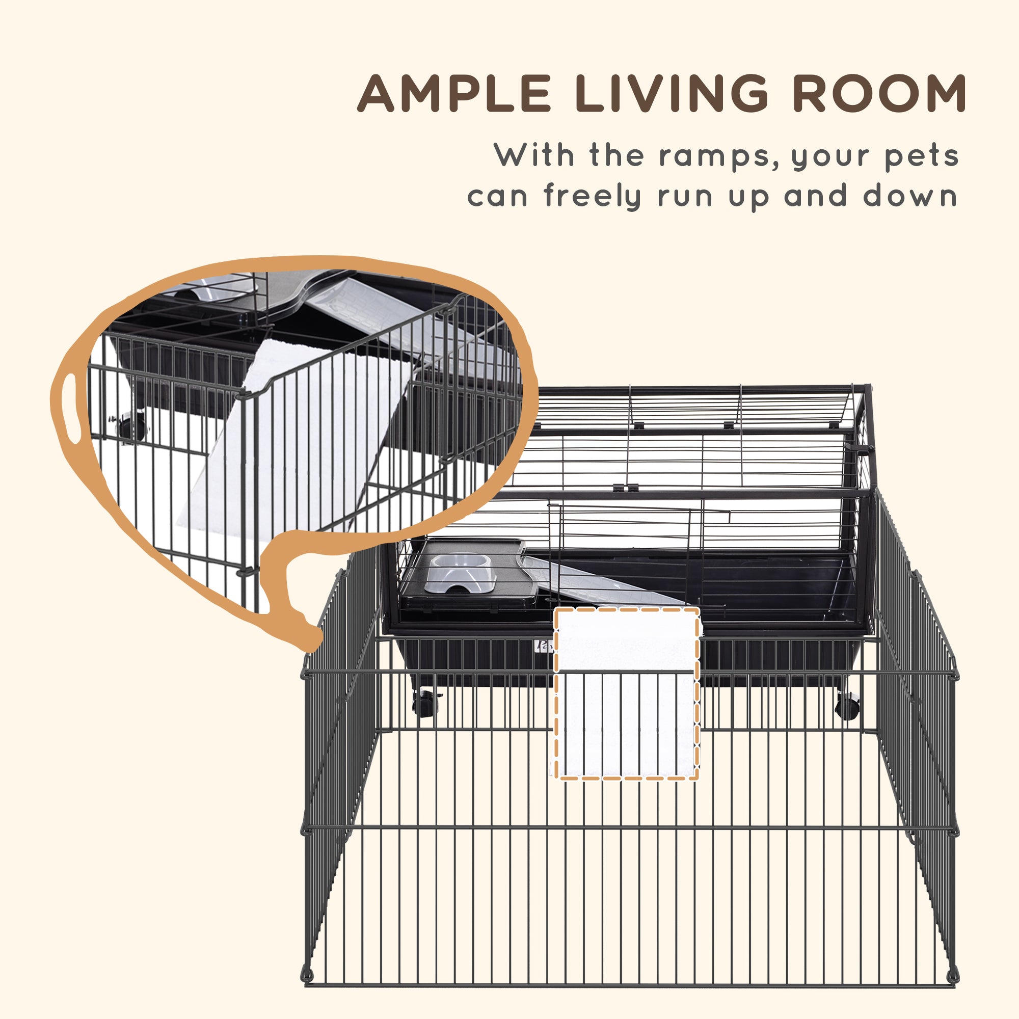 Guinea Pig Cage with Foldable Detachable Playpen, Rolling Rabbit Chinchilla Hedgehog Bunny Cage Small Animal Habitat with Water Bottle, Hay Feeder, 34.5" x 50.5" x 22"