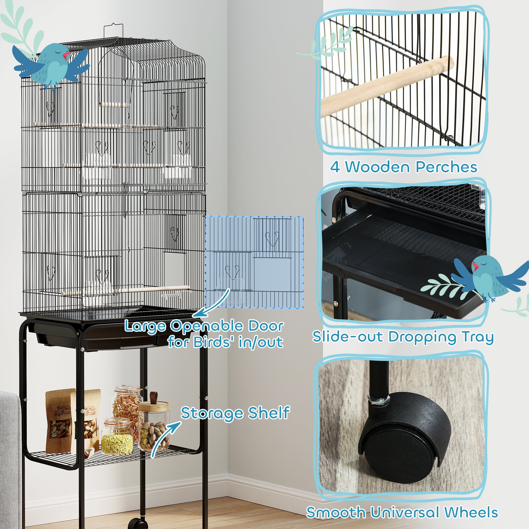 62" Rolling Bird Cage Cockatoo House Play Top Finch Pet Supply with Storage Shelf, Wheels - Black