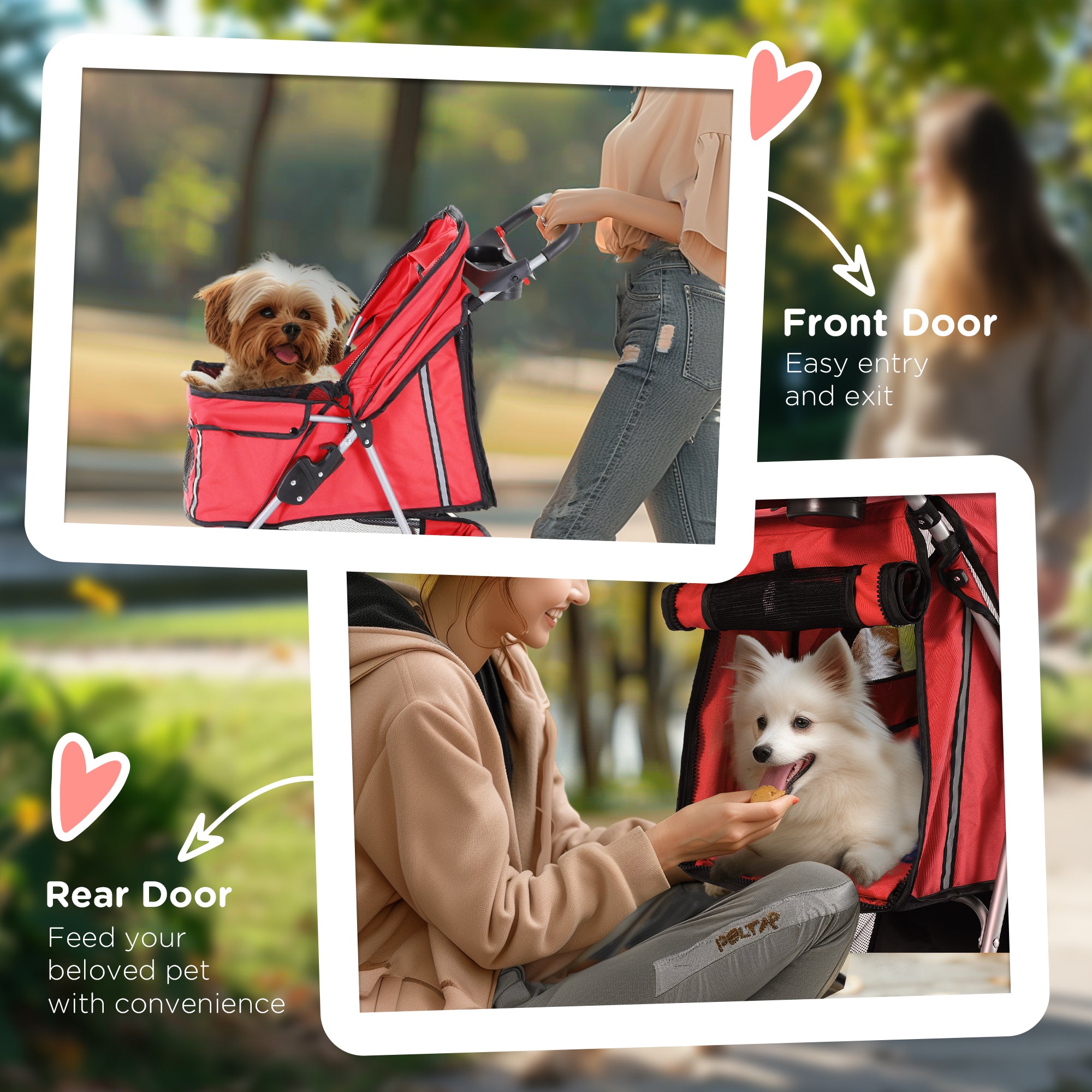 3 Wheels Foldable Dog Stroller with Storage Basket, Adjustable Canopy, Cupholder for Miniature and Small Dogs, Red
