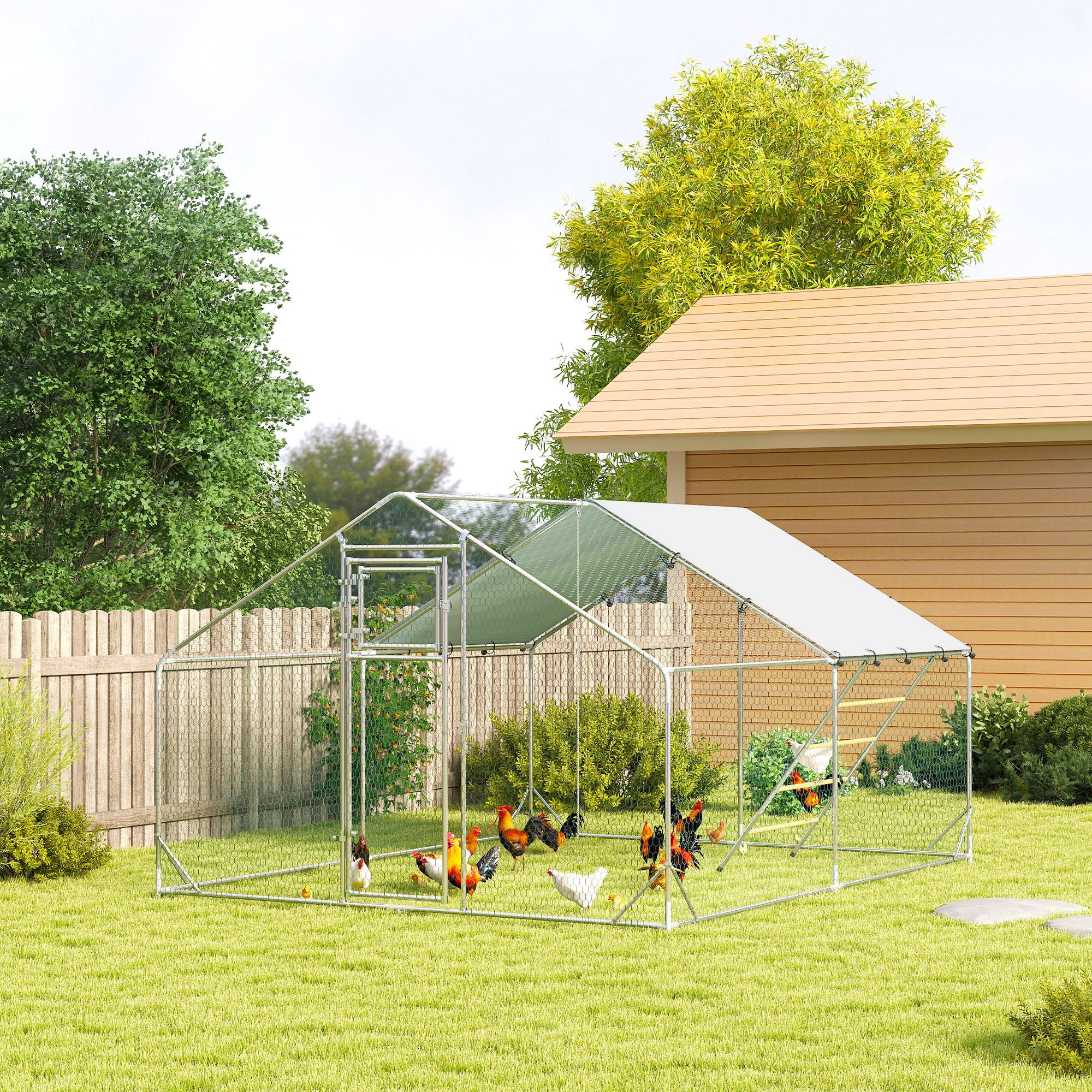Large Metal Chicken Run with Waterproof & UV-Resistant Cover, Feeding Door, Hanging Feeder, Perch for 12-18 Chickens