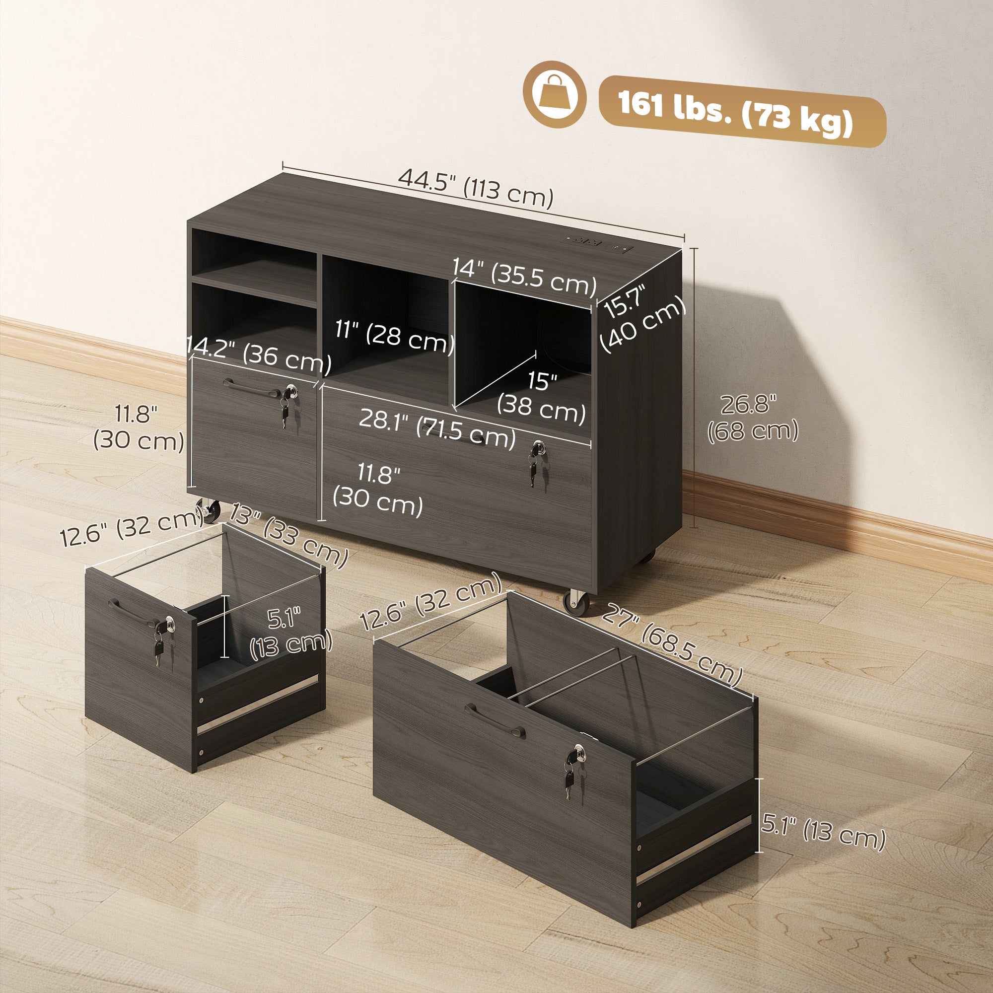 2-Drawer Mobile File Cabinet with Charging Station - Black