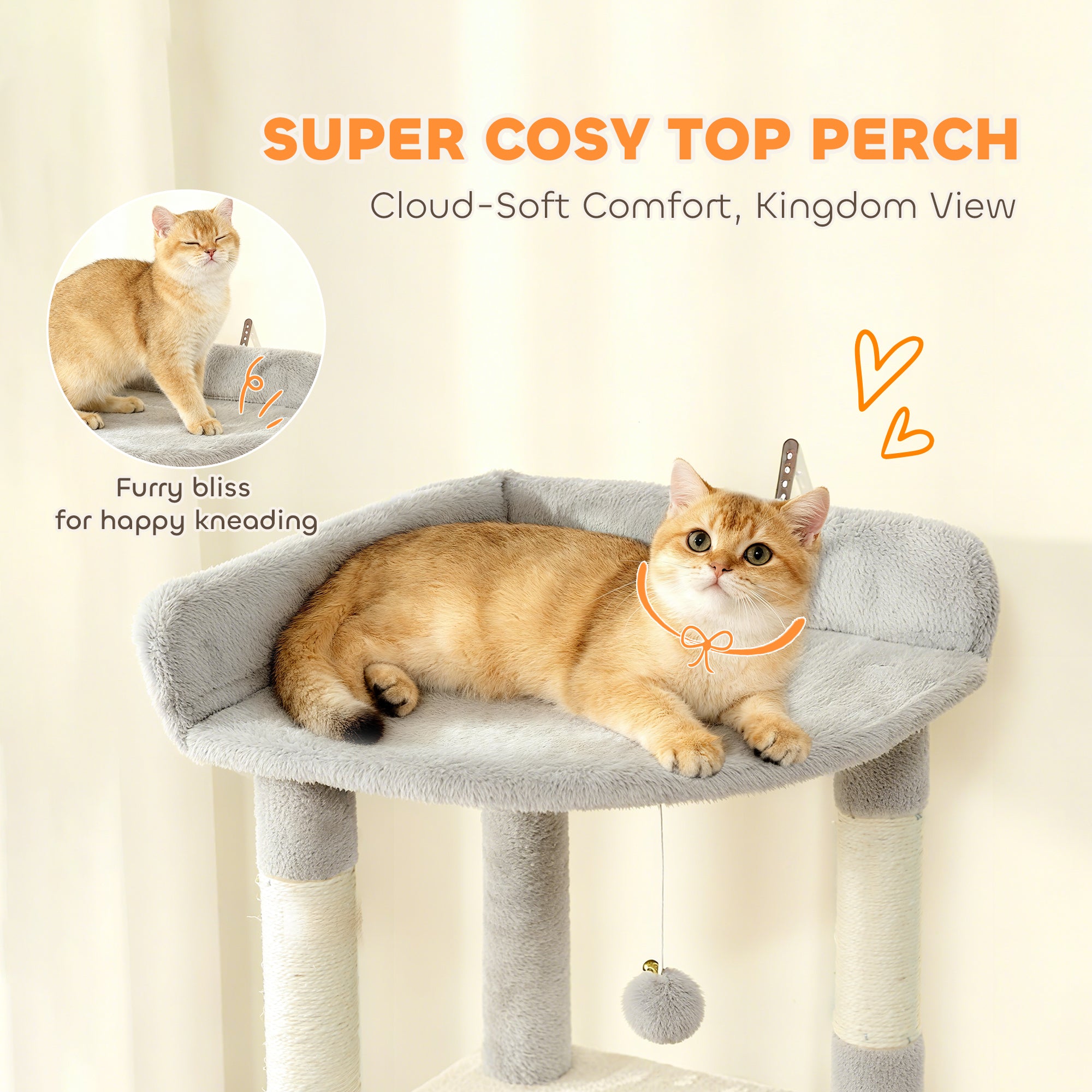 67" Large Cat Tree with 7 Scratching Posts, Tunnel, 2 Condos, Hammock, Perch, Ramp, Pompoms, Light Grey