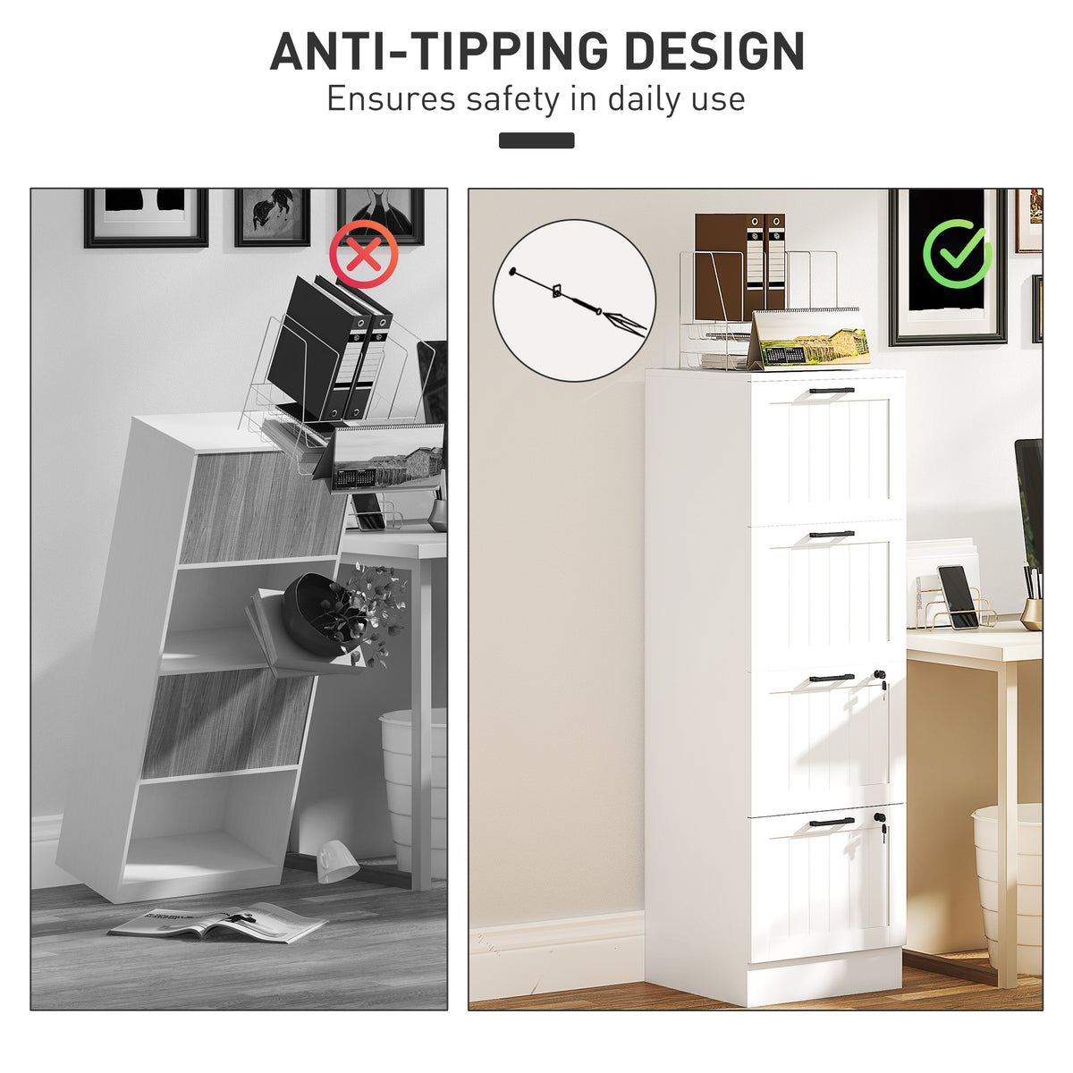 4-Drawer Locking Filing Cabinet - White MDF Office Storage