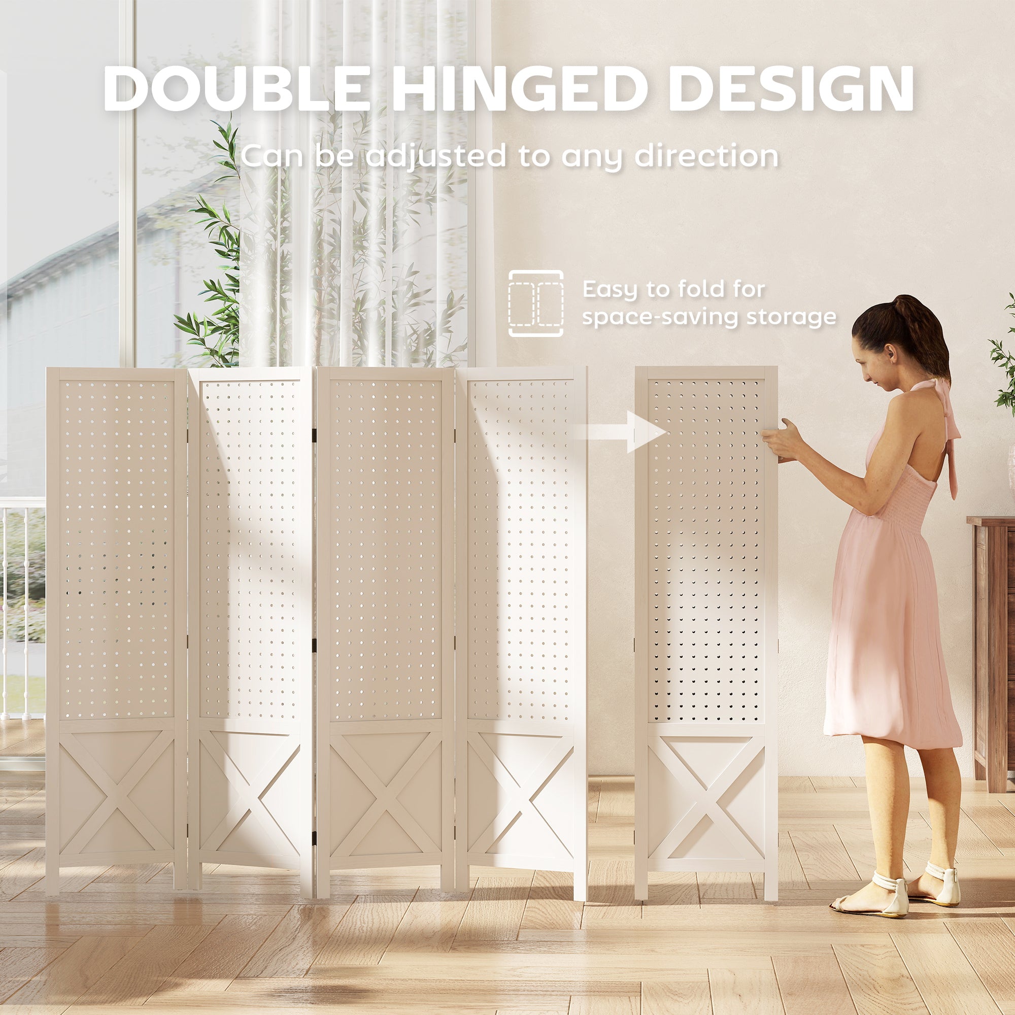 56.9" 4 Panel Wooden Room Divider with Pegboard Display, Folding Privacy Screen for Home Office, White