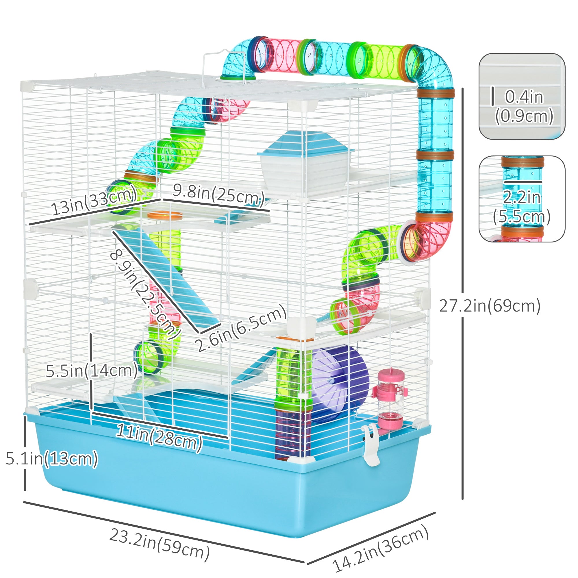23" Large Hamster Cage, Small Animal House, 5-Level Gerbil Haven, Tunnel Tube System, with Water Bottle, Exercise Wheel, Food Dish, Ramps, 2 Doors, Light Blue