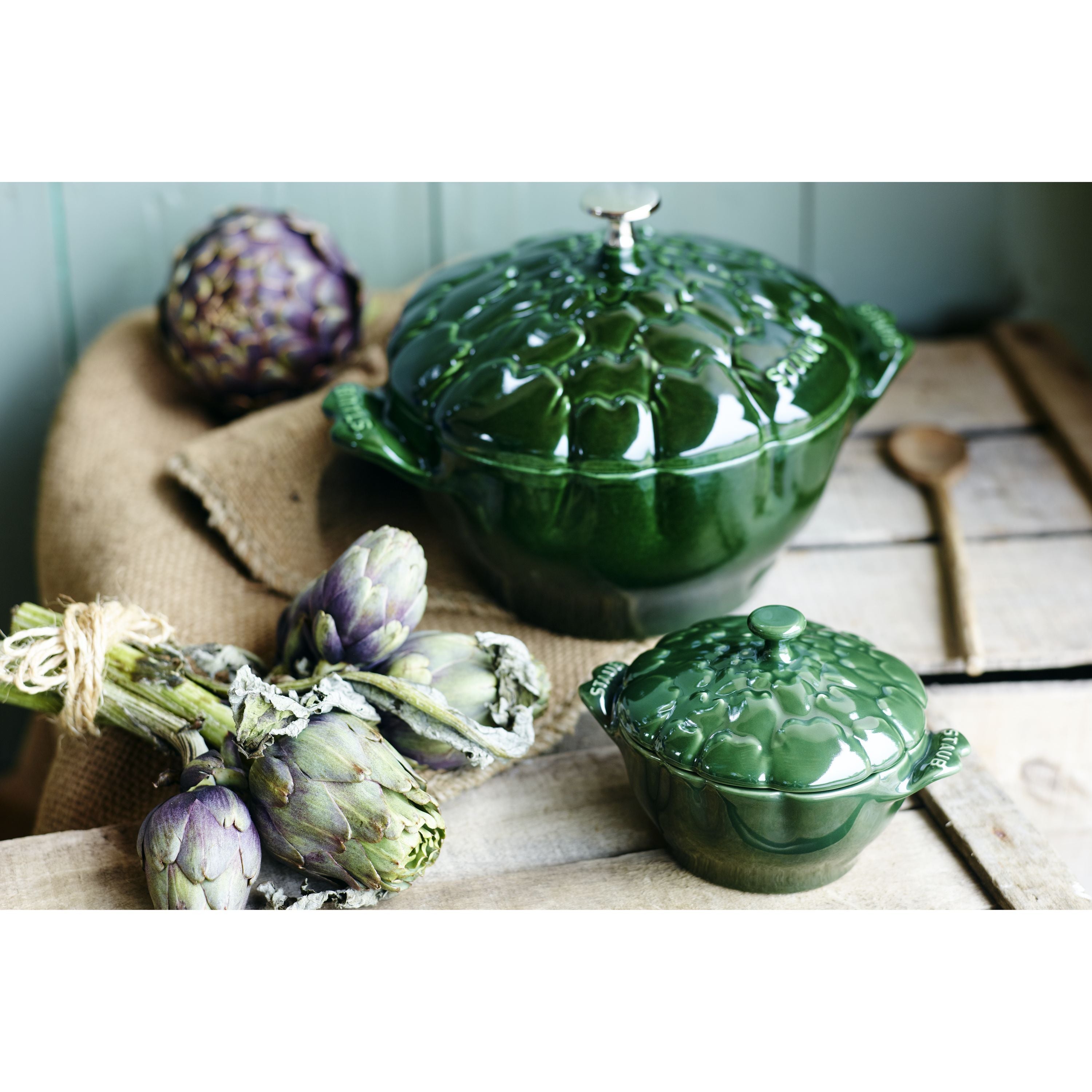 STAUB Artichoke Cocotte 3L Cast Iron Basil-Green-Canvas Print-DECOROLALA