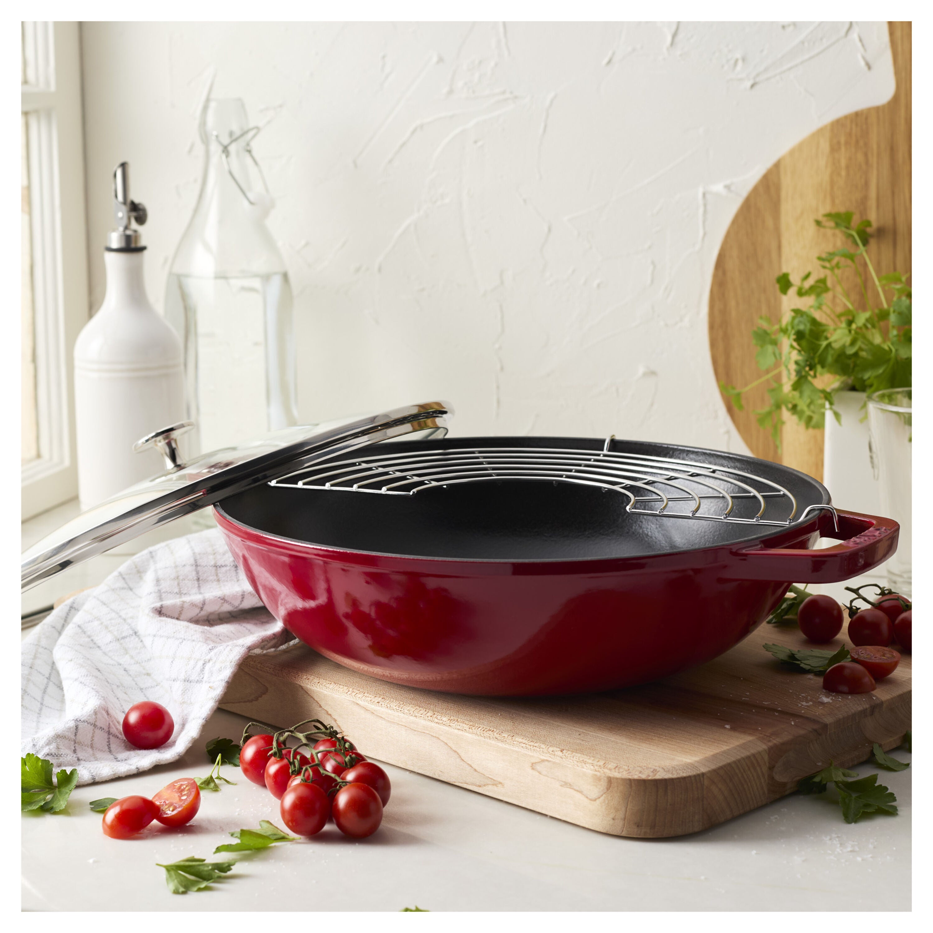 STAUB Cast Iron Wok 30cm Cherry with Glass Lid-Wok-DECOROLALA